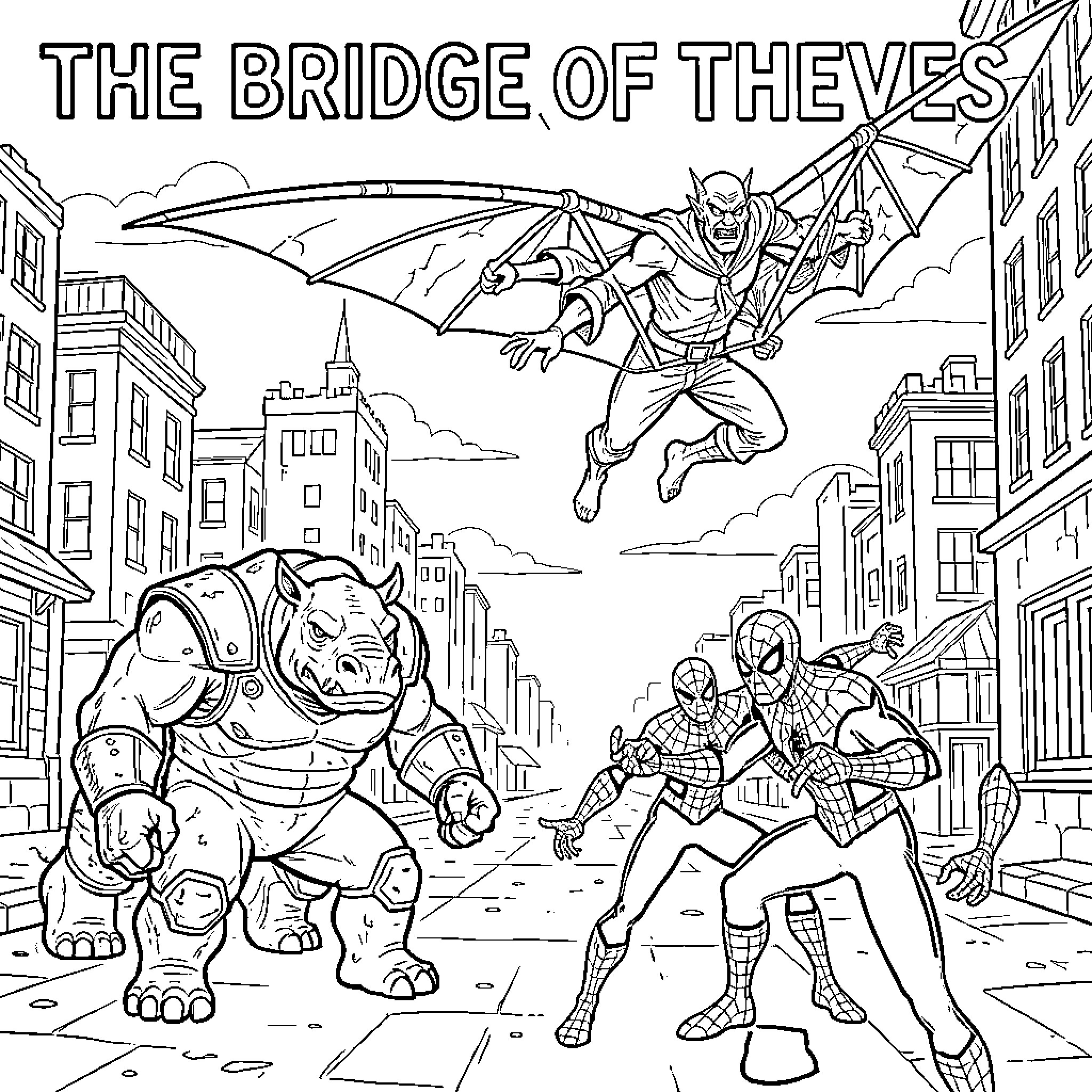 Spiderman battling Rhino and Vulture in a city street Coloring Page (free black-and-white line drawing printable PDF for all, from beginners to advanced learners, including children, teens, adults, and seniors)