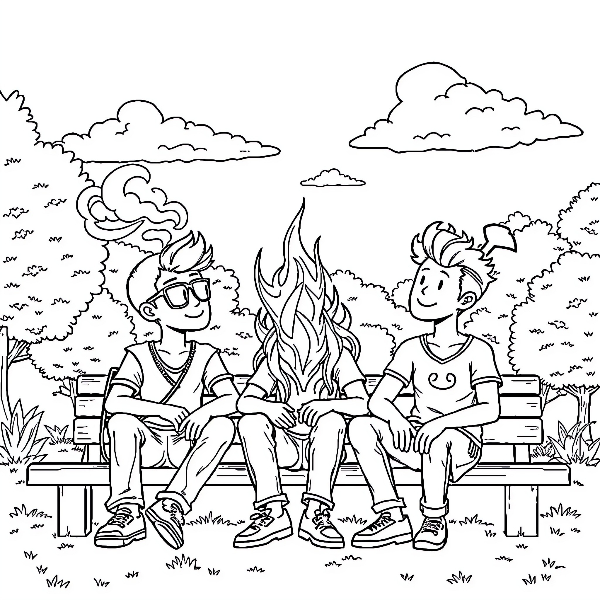 Logia User Friends Relaxing in the Park Coloring Page (free black-and-white line drawing printable PDF for all, from beginners to advanced learners, including children, teens, adults, and seniors)