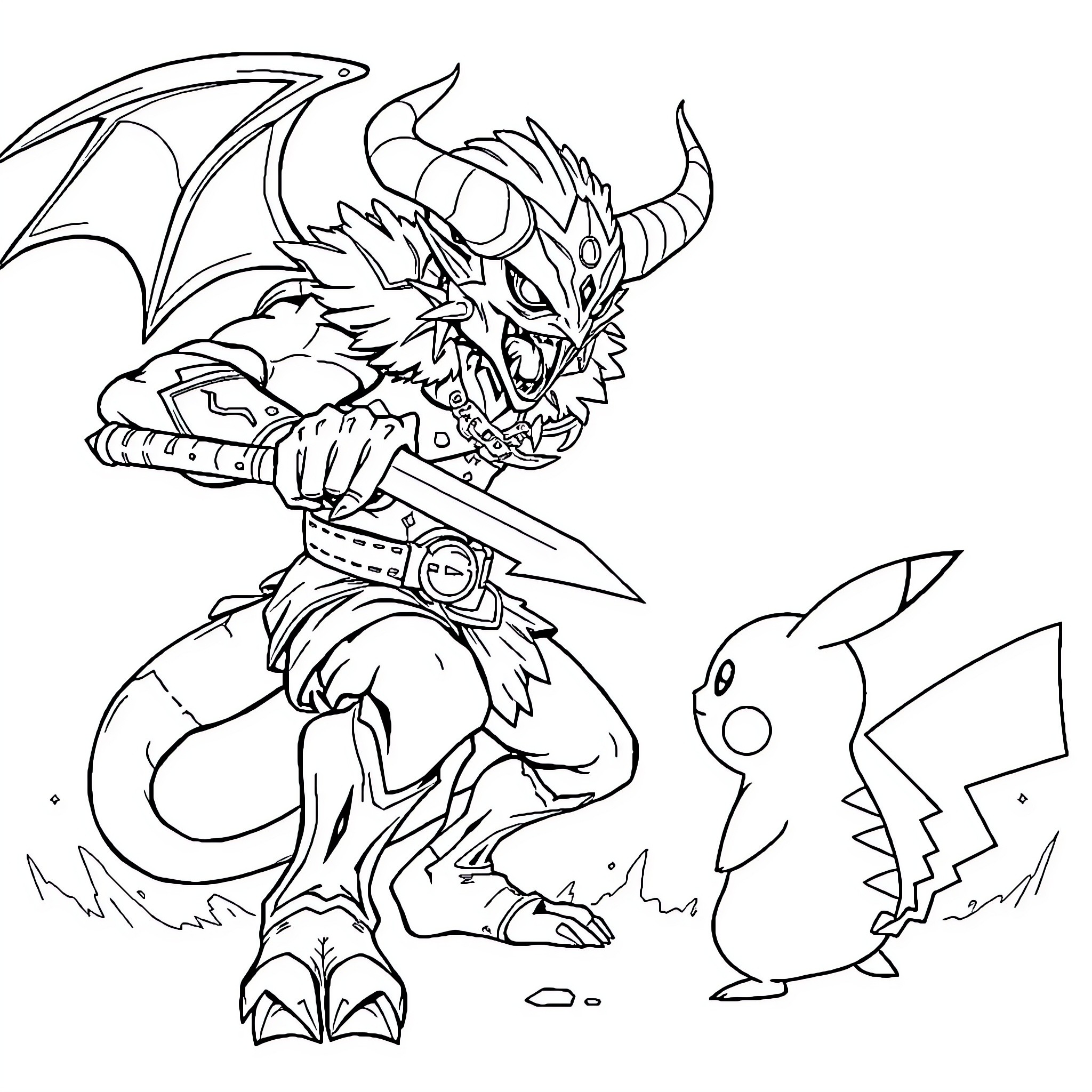 Demon Slayer Battling Fierce Creature and Pikachu Coloring Page (free black-and-white line drawing printable PDF for all, from beginners to advanced learners, including children, teens, adults, and seniors)