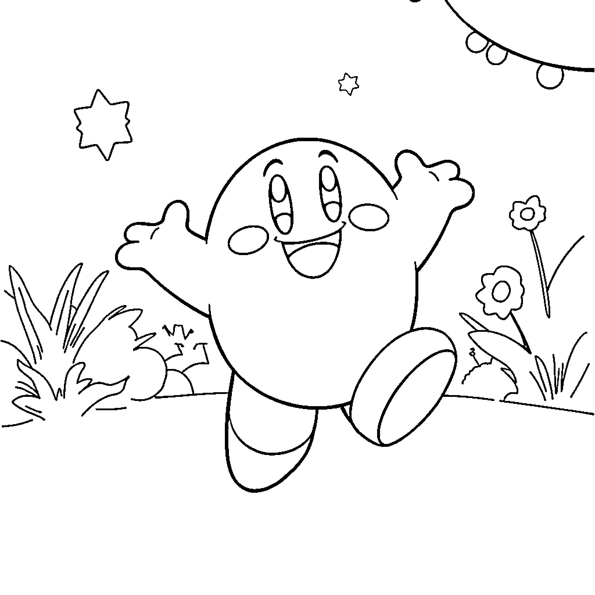 Kirby happily exploring the outdoors Coloring Page (free black-and-white line drawing printable PDF for all, from beginners to advanced learners, including children, teens, adults, and seniors)