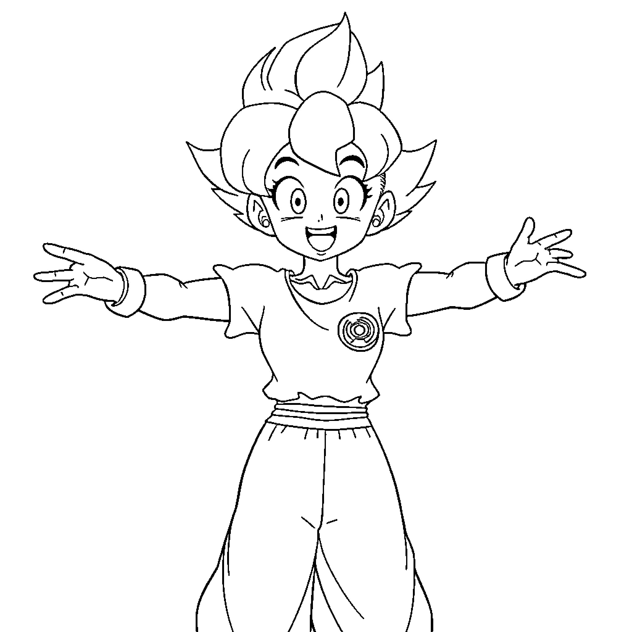 Bulma's Playful Pose with Energy Orb Coloring Page (free black-and-white line drawing printable PDF for all, from beginners to advanced learners, including children, teens, adults, and seniors)