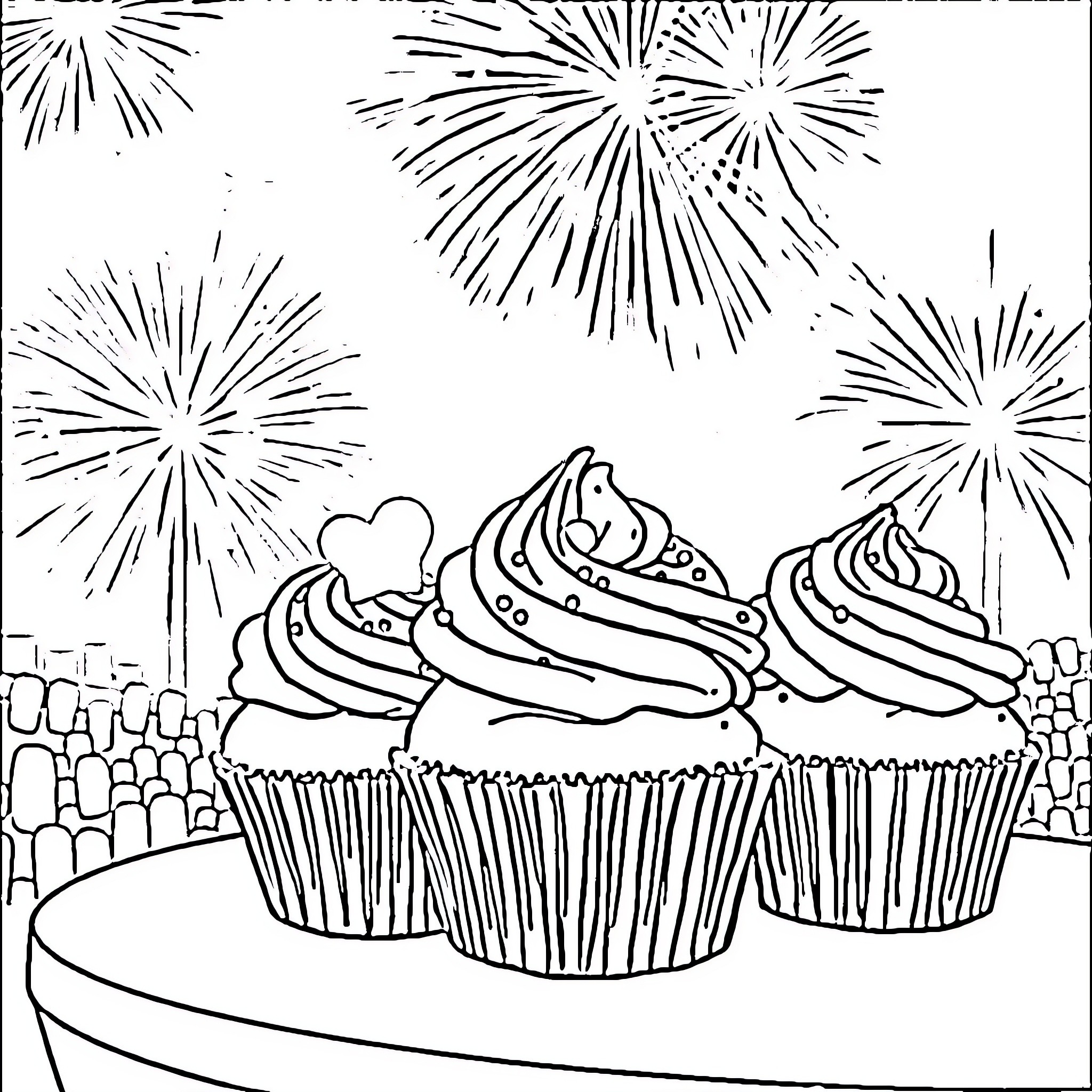 Cupcakes with festive fireworks display Coloring Page (free black-and-white line drawing printable PDF for all, from beginners to advanced learners, including children, teens, adults, and seniors)