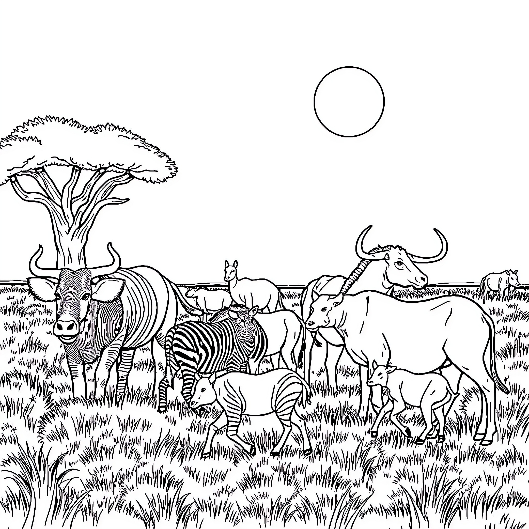 Wild Animal Herd Grazing in Savanna Landscape Coloring Page (free black-and-white line drawing printable PDF for all, from beginners to advanced learners, including children, teens, adults, and seniors)