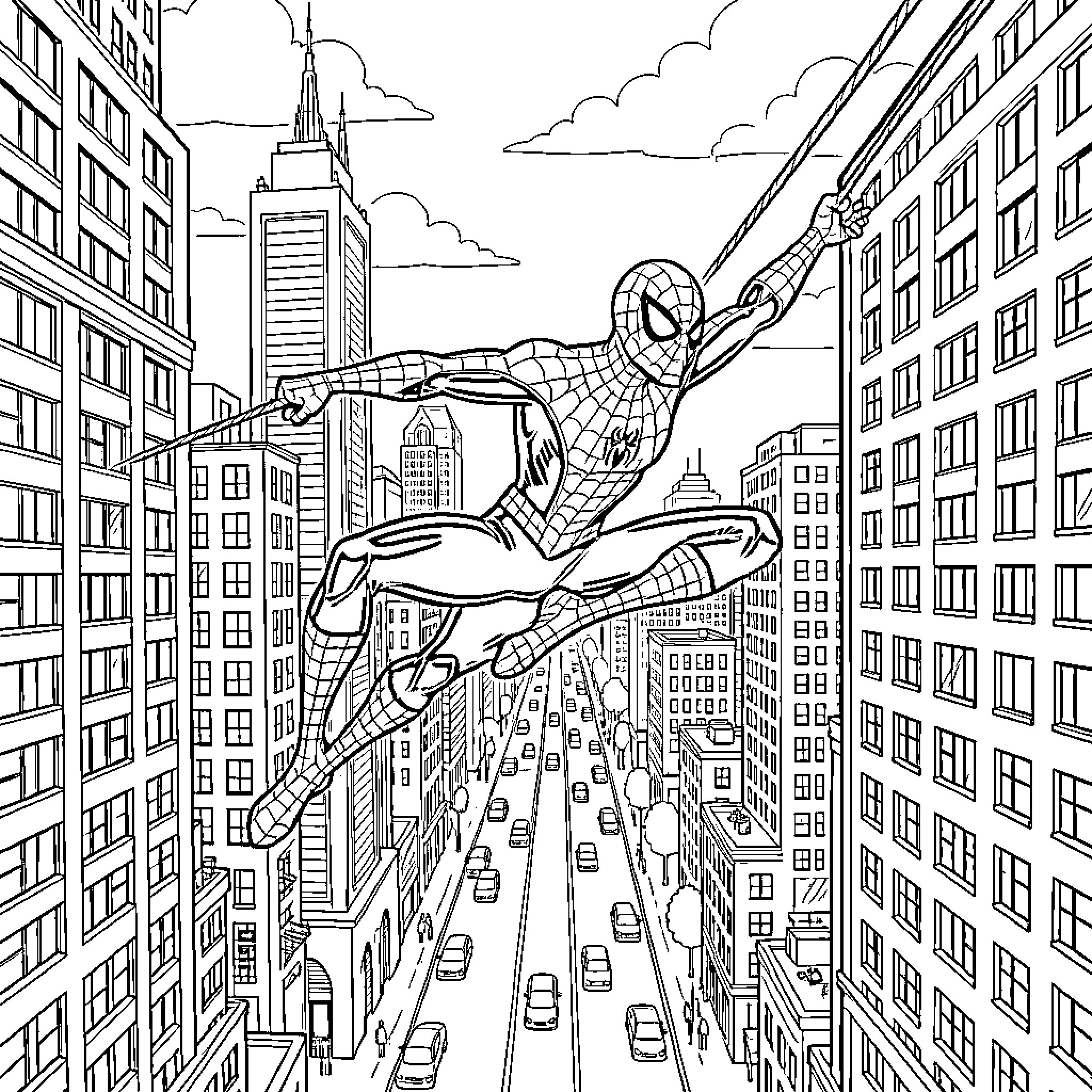 Spiderman swinging between skyscrapers in a city Coloring Page (free black-and-white line drawing printable PDF for all, from beginners to advanced learners, including children, teens, adults, and seniors)