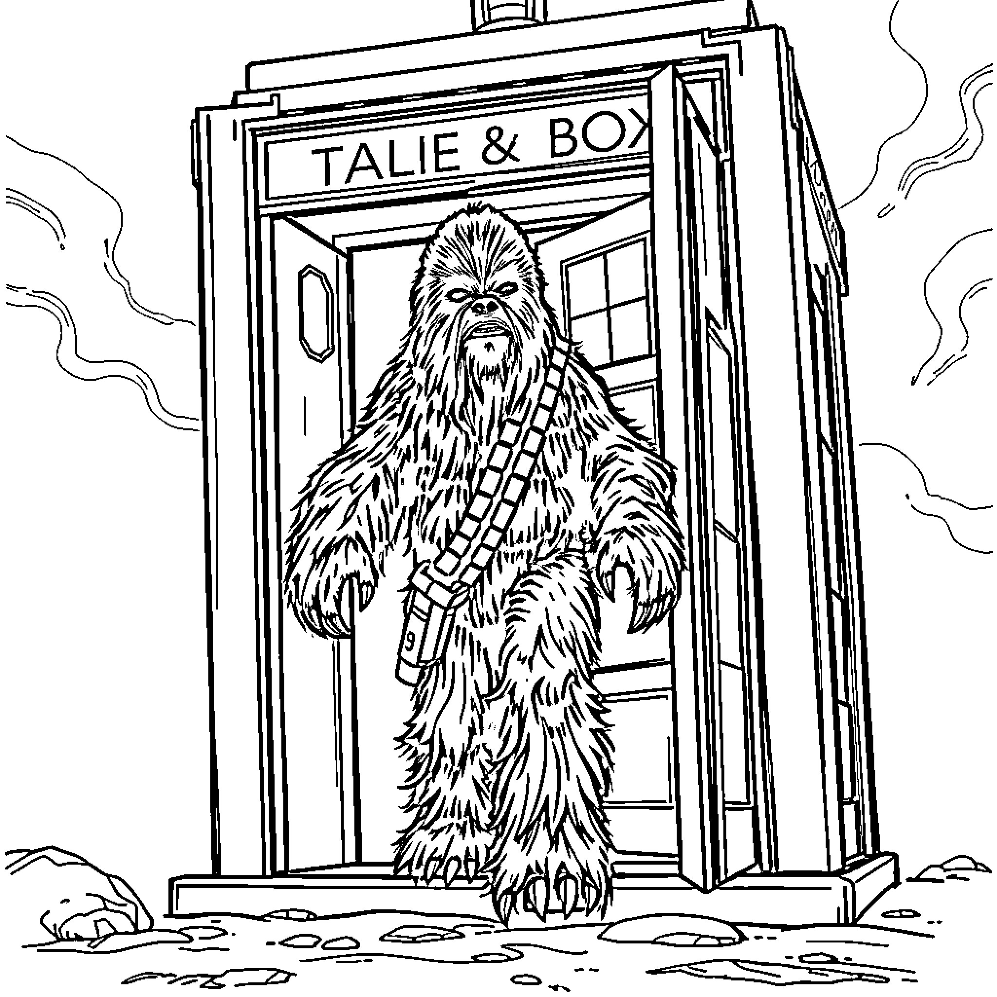 Chewbacca standing in front of the Tardis Coloring Page (free black-and-white line drawing printable PDF for all, from beginners to advanced learners, including children, teens, adults, and seniors)