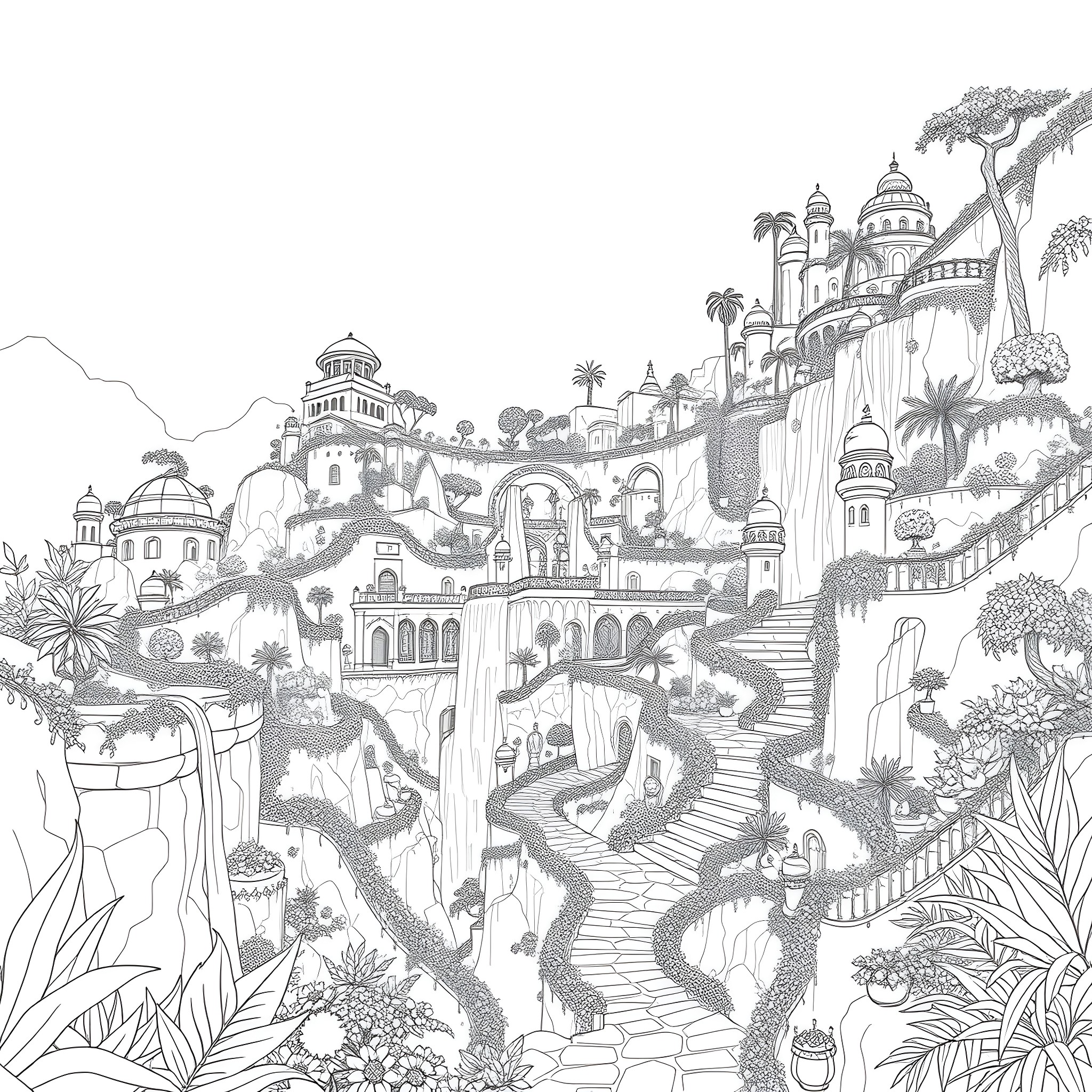 Garden with Ornate Architectural Structures and Lush Vegetation Coloring Page (free black-and-white line drawing printable PDF for all, from beginners to advanced learners, including children, teens, adults, and seniors)