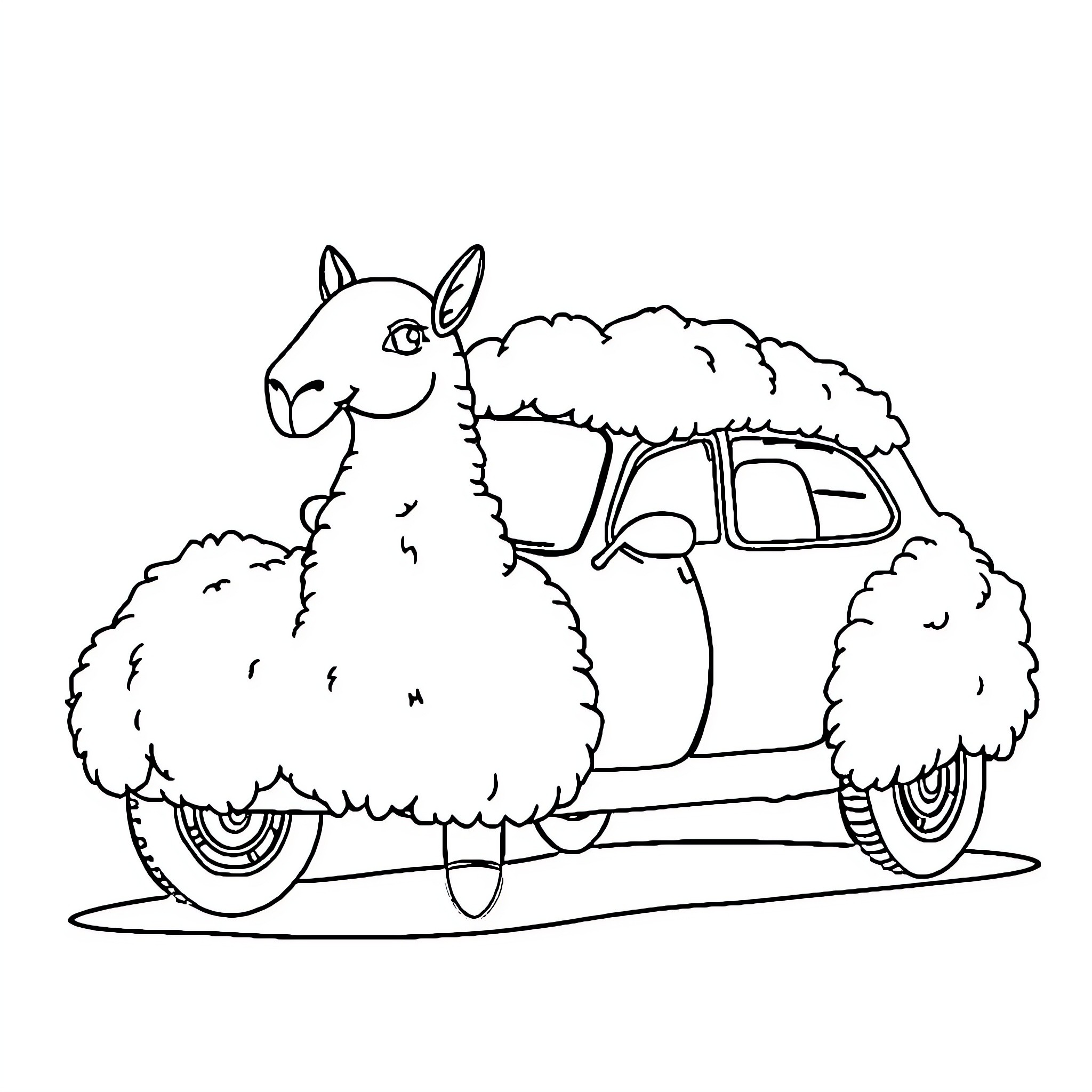 Camel riding a vintage car Coloring Page (free black-and-white line drawing printable PDF for all, from beginners to advanced learners, including children, teens, adults, and seniors)