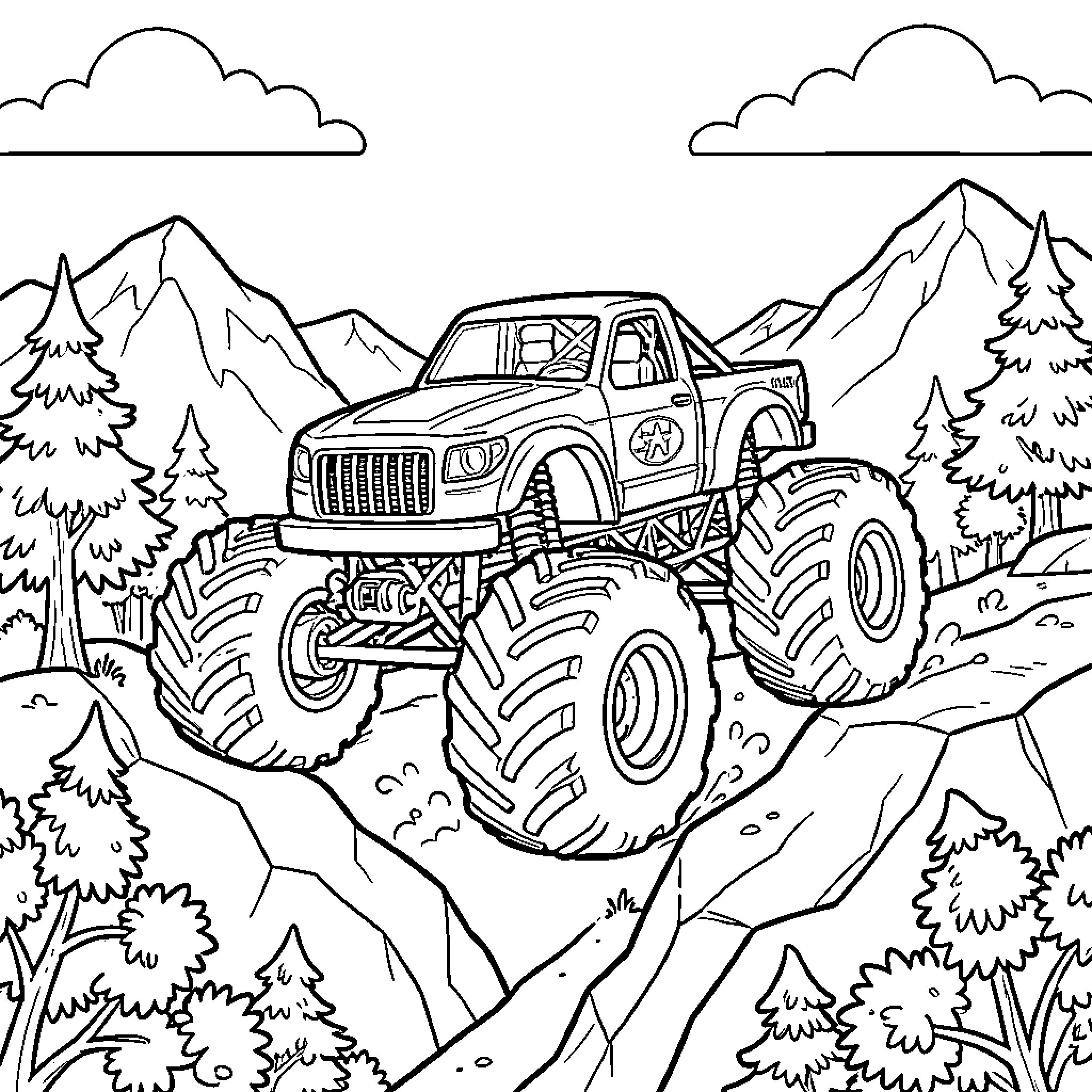 Monster Truck Conquering Rugged Terrain Coloring Page (free black-and-white line drawing printable PDF for all, from beginners to advanced learners, including children, teens, adults, and seniors)