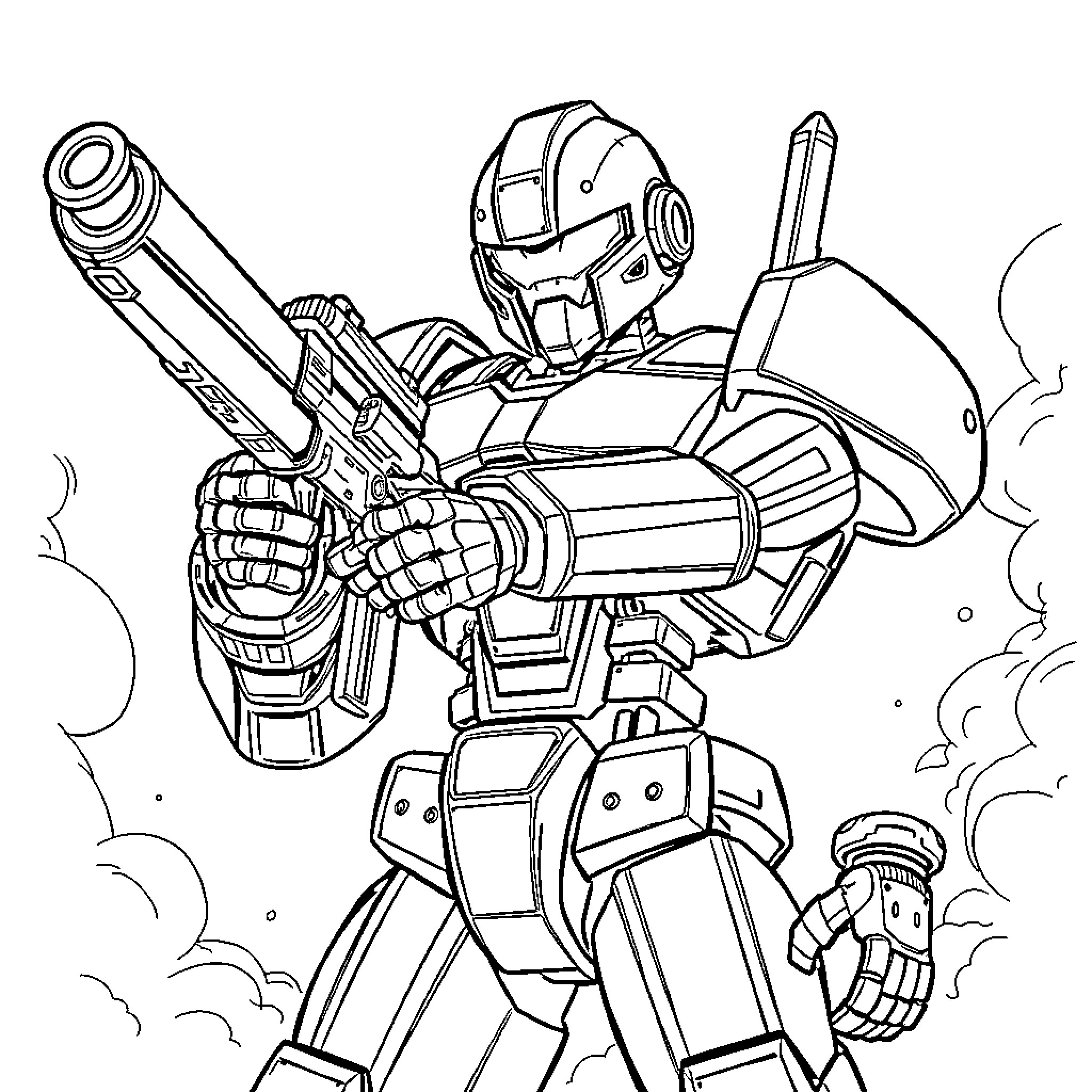 Robot Warrior Wielding Heavy Blaster Rifle Coloring Page (free black-and-white line drawing printable PDF for all, from beginners to advanced learners, including children, teens, adults, and seniors)
