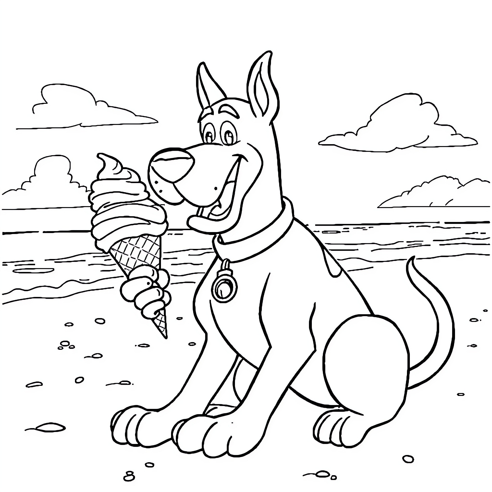 Scooby-Doo enjoys a tasty ice cream on the beach Coloring Page (free black-and-white line drawing printable PDF for all, from beginners to advanced learners, including children, teens, adults, and seniors)