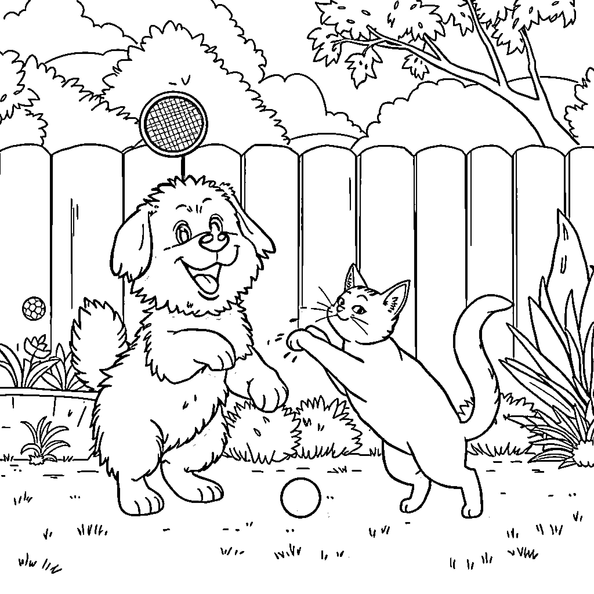 Dog and cat playing in the backyard Coloring Page (free black-and-white line drawing printable PDF for all, from beginners to advanced learners, including children, teens, adults, and seniors)