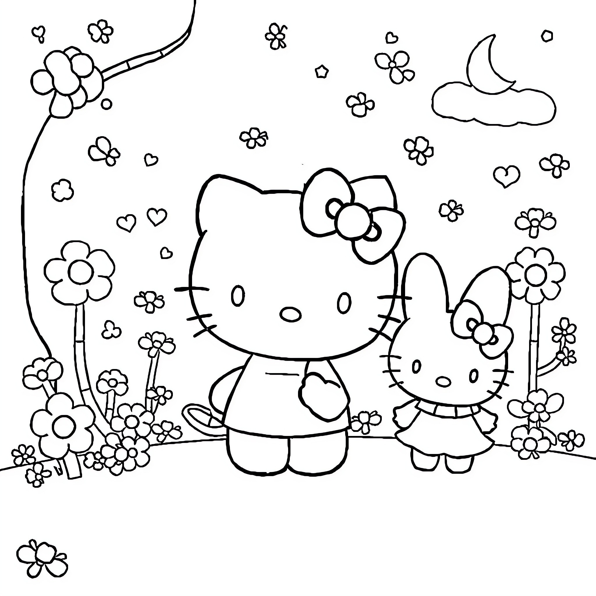 Sanrio characters in a floral garden scene Coloring Page (free black-and-white line drawing printable PDF for all, from beginners to advanced learners, including children, teens, adults, and seniors)