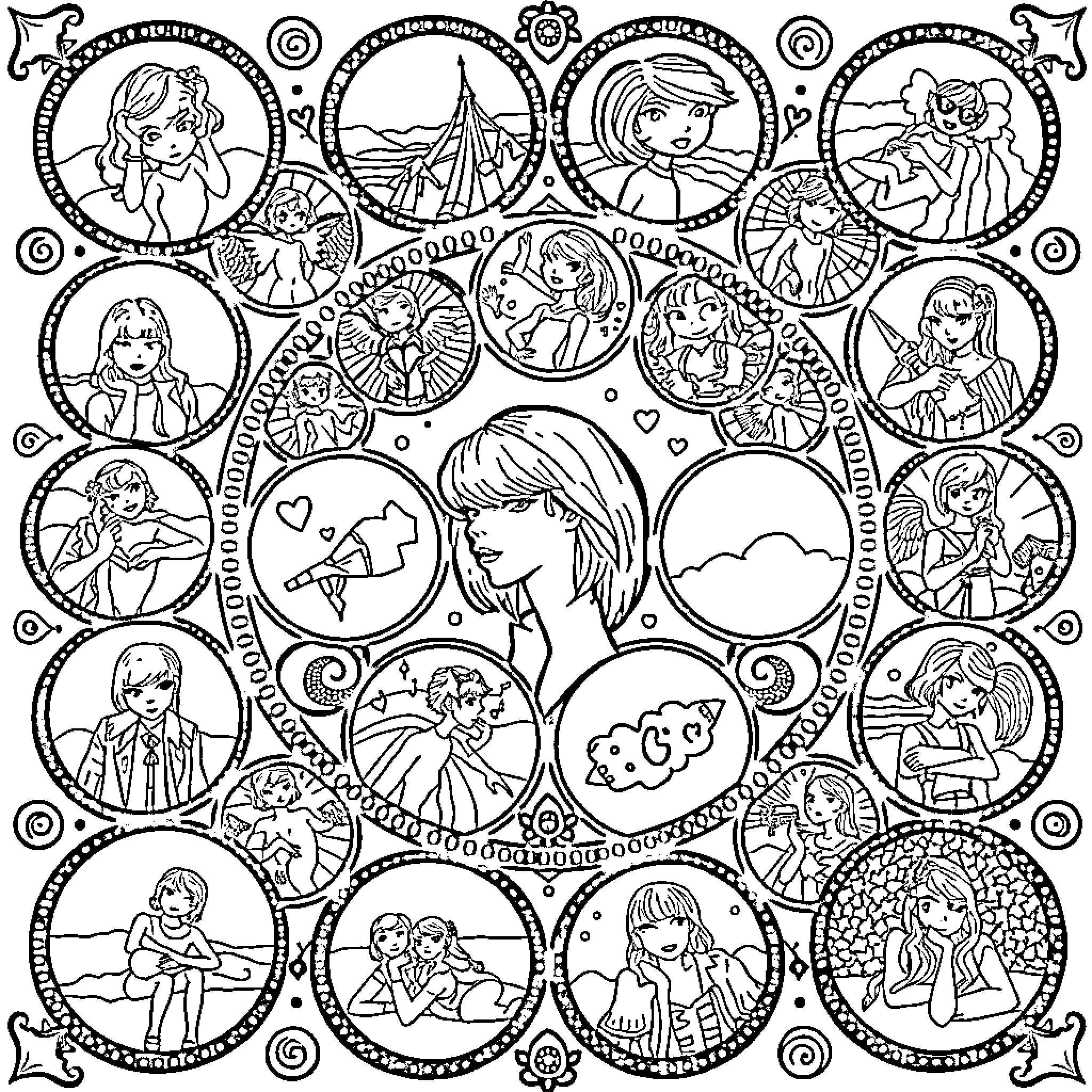 Taylor Swift's Whimsical and Expressive Coloring Page Coloring Page (free black-and-white line drawing printable PDF for all, from beginners to advanced learners, including children, teens, adults, and seniors)