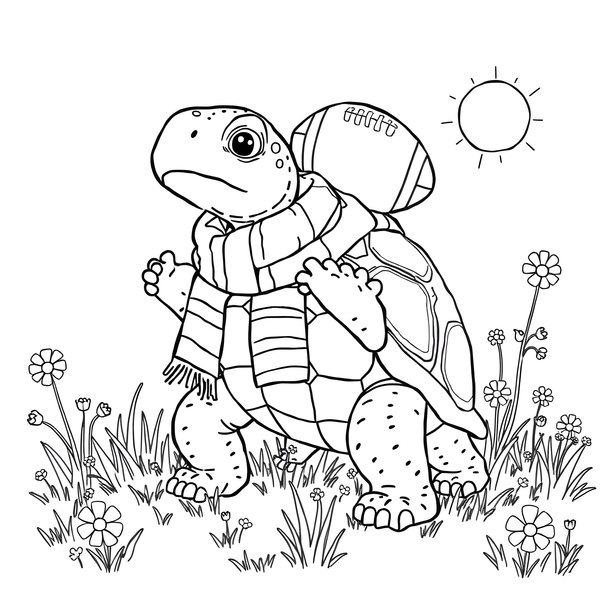 Tortoise happily strolling in the garden Coloring Page (free black-and-white line drawing printable PDF for all, from beginners to advanced learners, including children, teens, adults, and seniors)