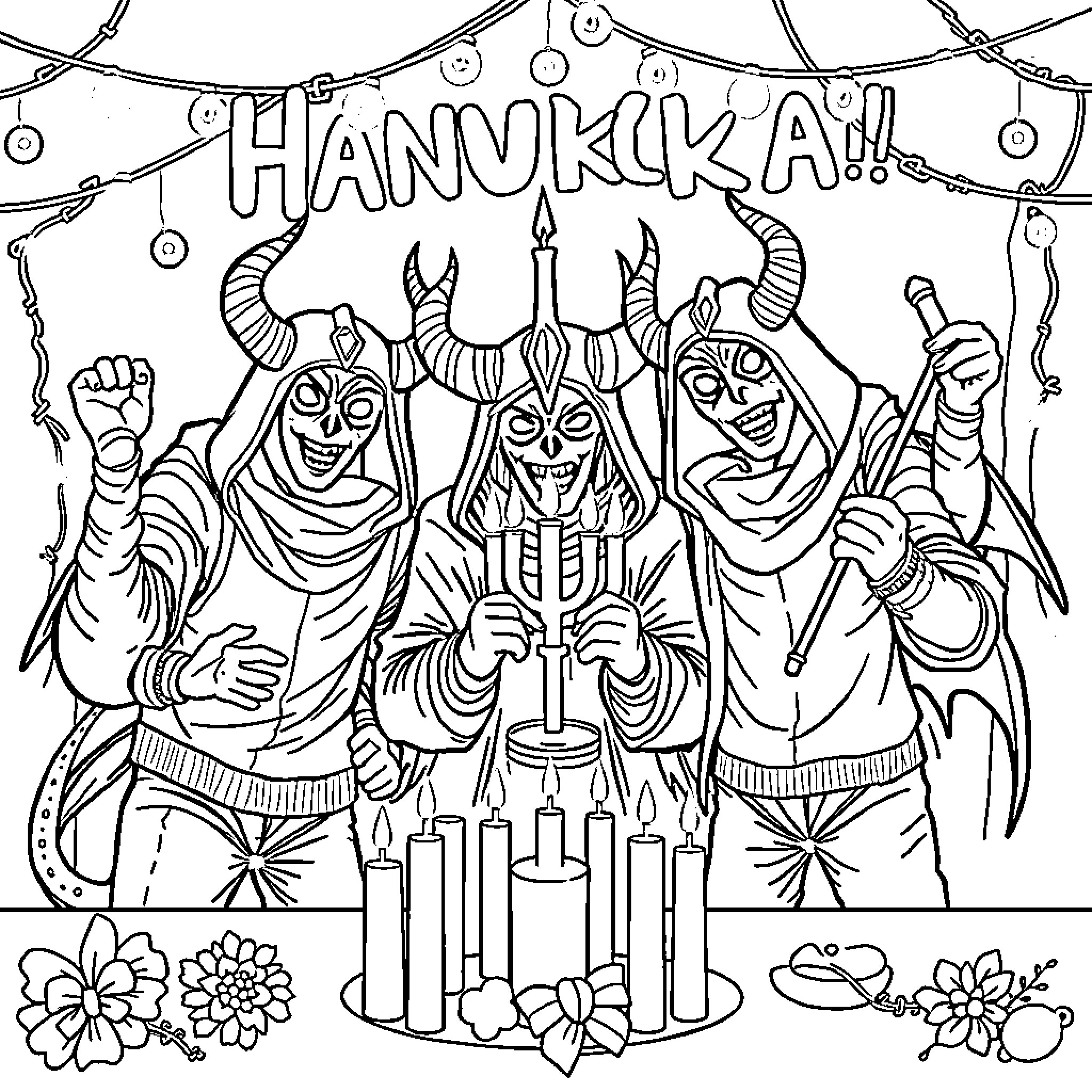Kpop Demon Hunters Celebrate Hanukkah Coloring Page (free black-and-white line drawing printable PDF for all, from beginners to advanced learners, including children, teens, adults, and seniors)