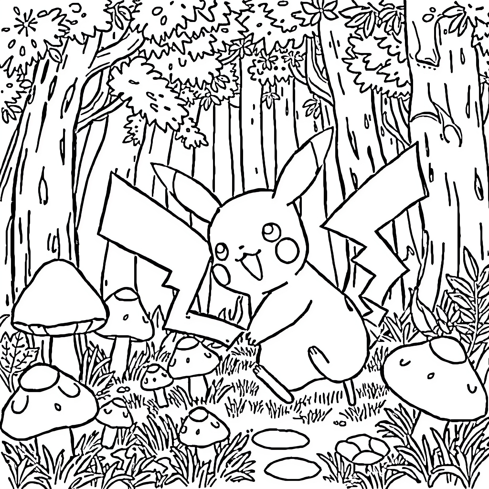 Pikachu playing in the enchanted forest Coloring Page (free black-and-white line drawing printable PDF for all, from beginners to advanced learners, including children, teens, adults, and seniors)
