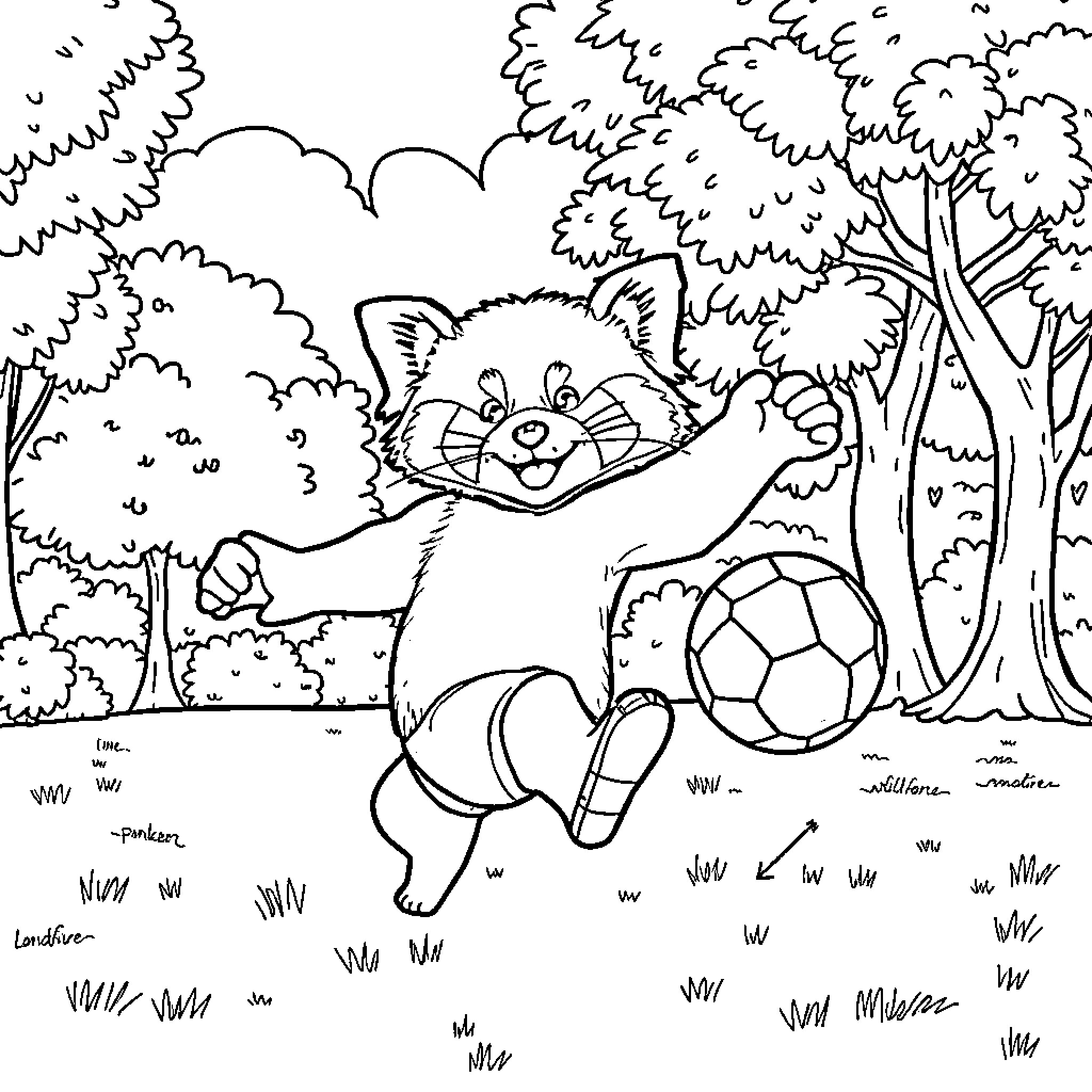 Red Panda playing with a soccer ball in the forest Coloring Page (free black-and-white line drawing printable PDF for all, from beginners to advanced learners, including children, teens, adults, and seniors)