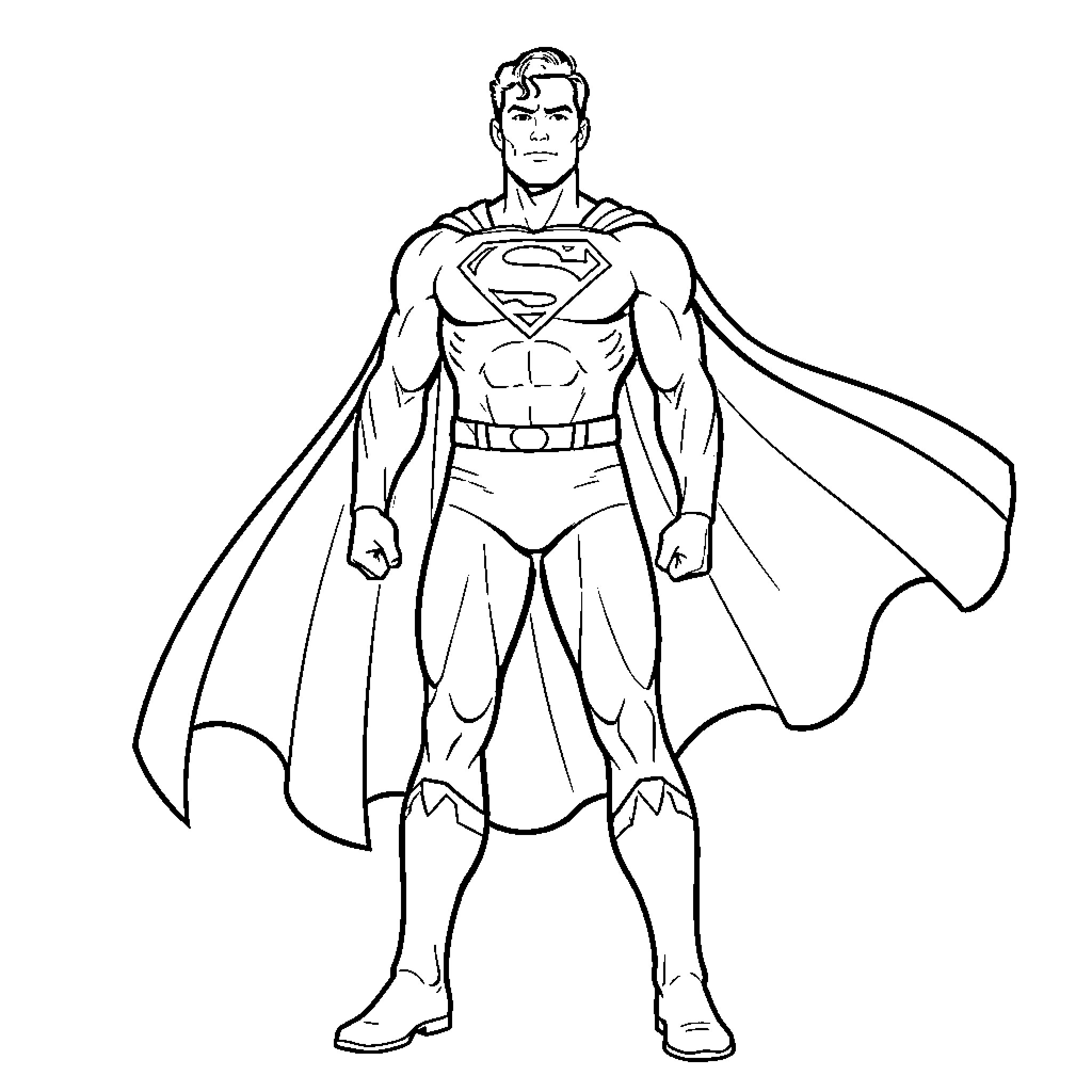 Superman standing heroically in his iconic superhero suit Coloring Page (free black-and-white line drawing printable PDF for all, from beginners to advanced learners, including children, teens, adults, and seniors)