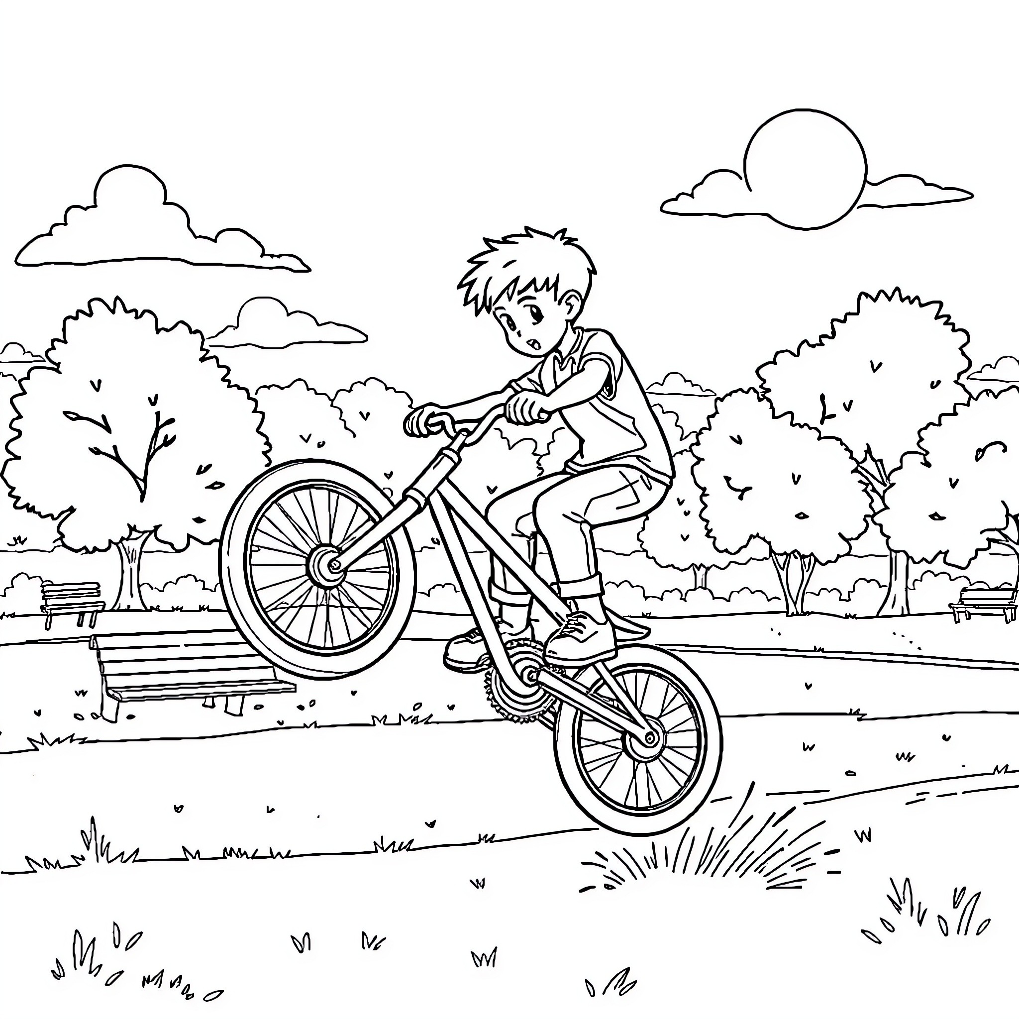 Kid riding bicycle in scenic park Coloring Page (free black-and-white line drawing printable PDF for all, from beginners to advanced learners, including children, teens, adults, and seniors)