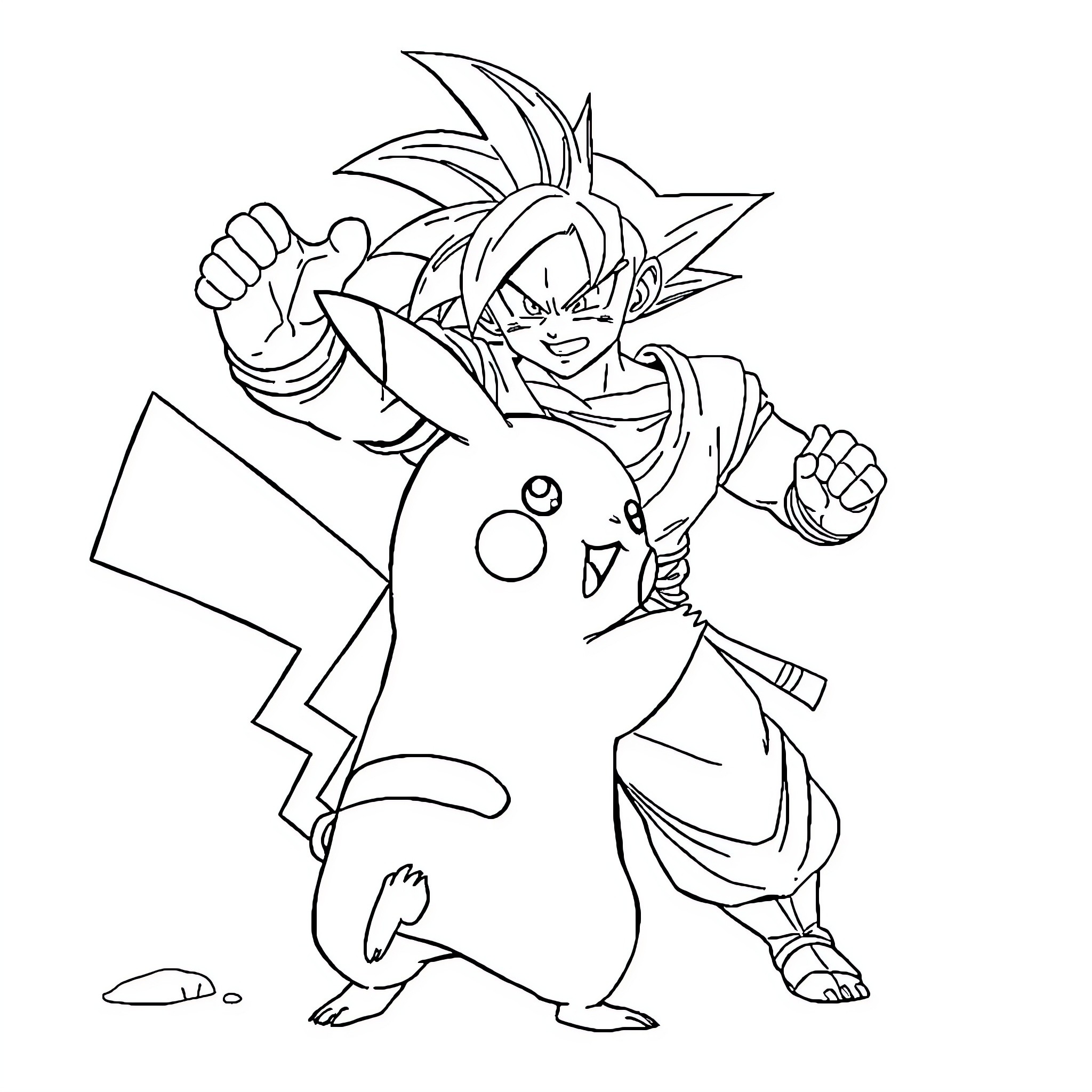 Pikachu and Goku in action-packed adventure Coloring Page (free black-and-white line drawing printable PDF for all, from beginners to advanced learners, including children, teens, adults, and seniors)