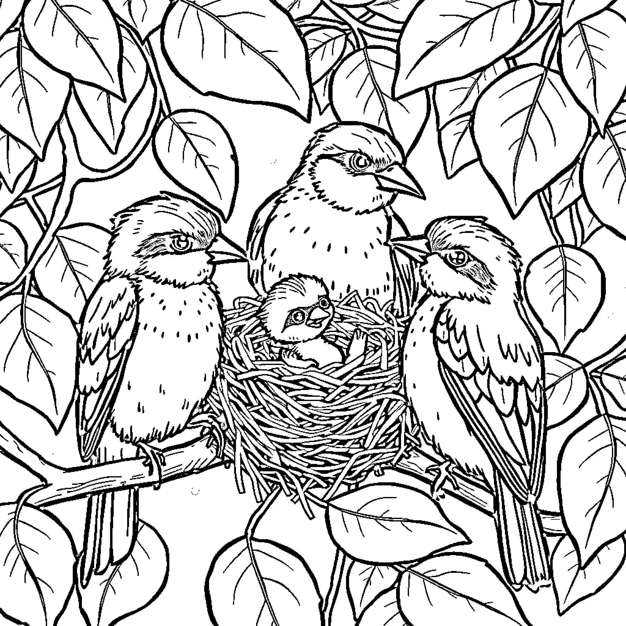 Bird family nesting in a tree Coloring Page (free black-and-white line drawing printable PDF for all, from beginners to advanced learners, including children, teens, adults, and seniors)