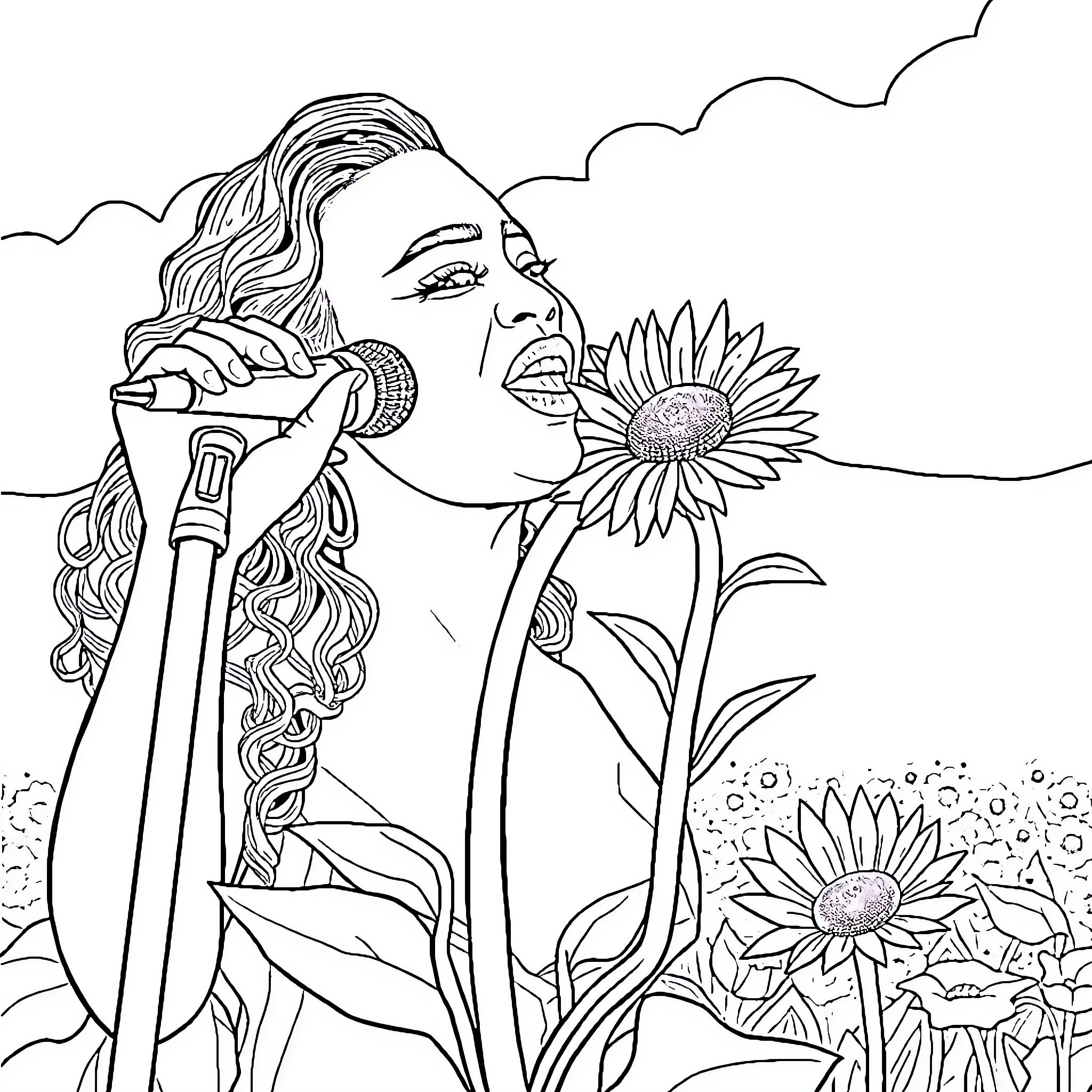 Beyonce performing on stage with sunflowers Coloring Page (free black-and-white line drawing printable PDF for all, from beginners to advanced learners, including children, teens, adults, and seniors)
