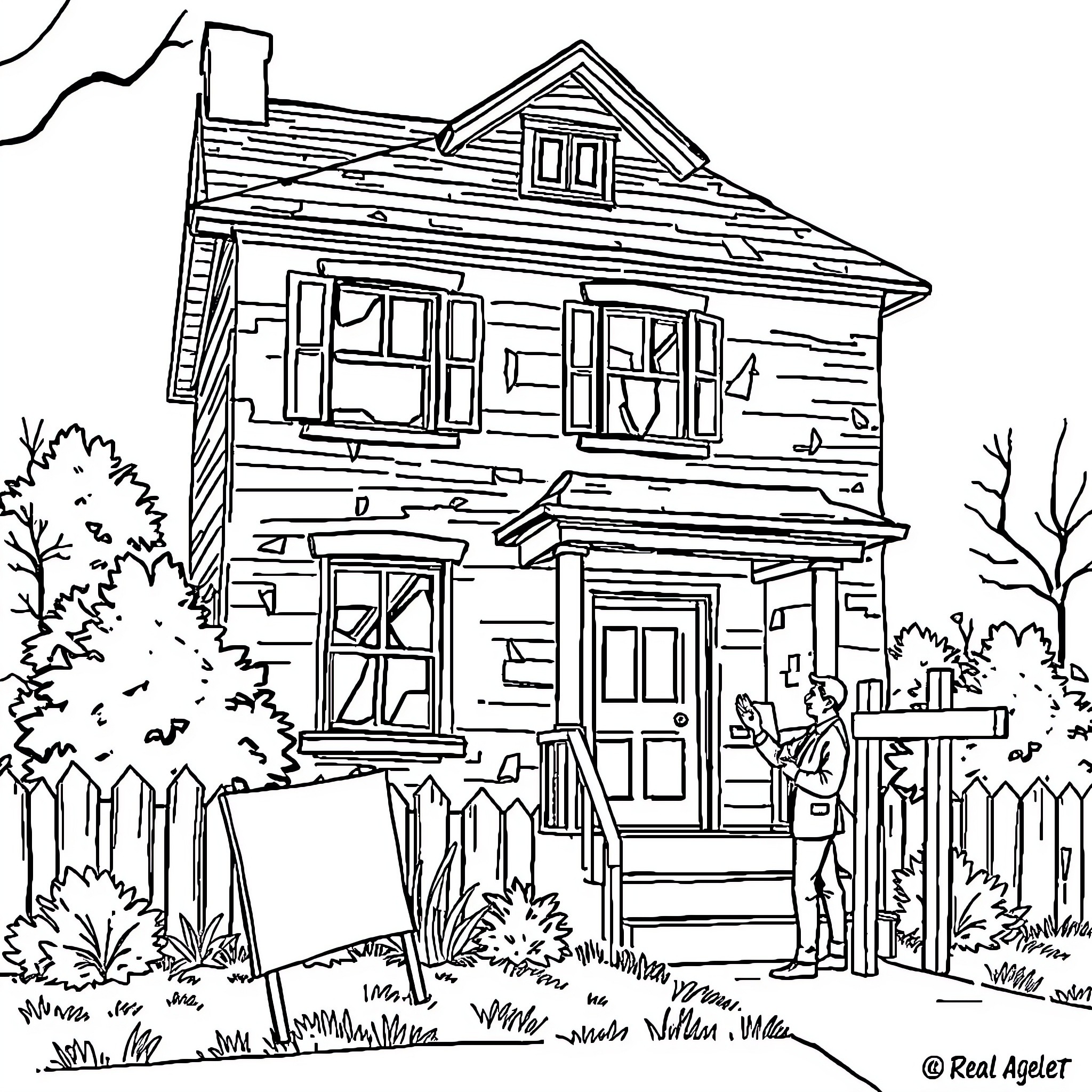 House with people standing outside Coloring Page (free black-and-white line drawing printable PDF for all, from beginners to advanced learners, including children, teens, adults, and seniors)
