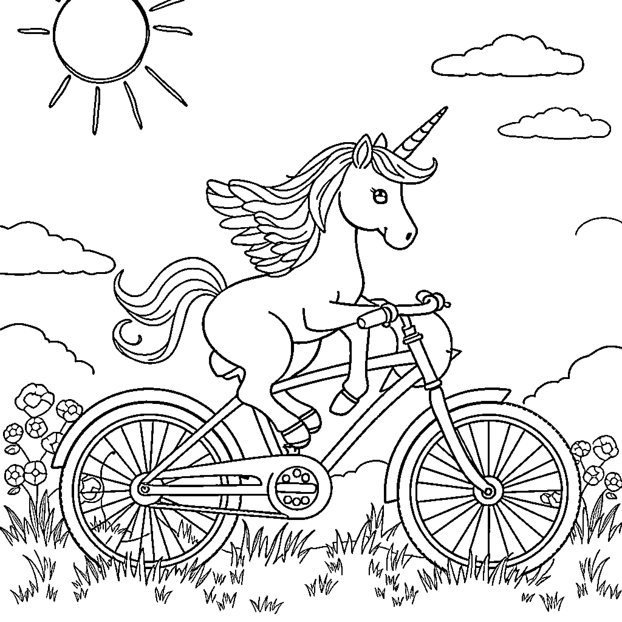 Unicorn riding a bicycle in nature Coloring Page (free black-and-white line drawing printable PDF for all, from beginners to advanced learners, including children, teens, adults, and seniors)