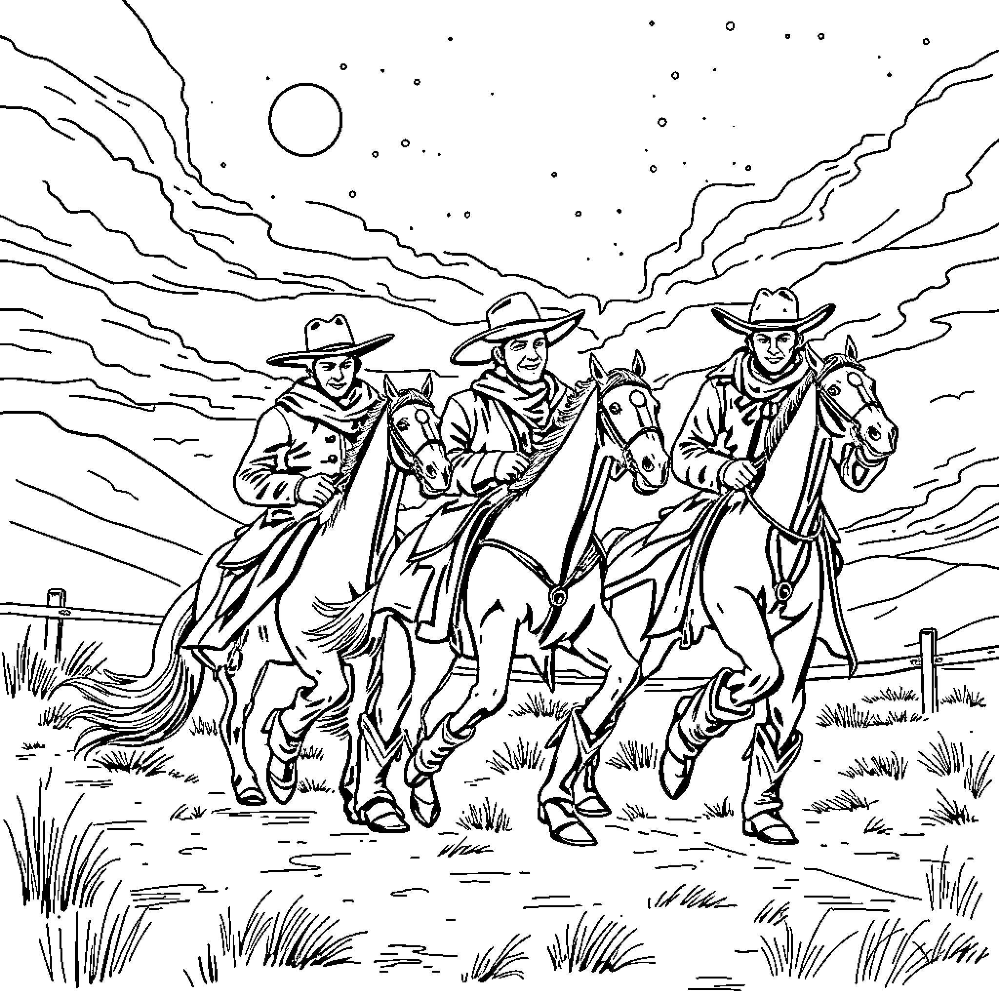 Cowboy Riders Galloping Through the Desert Landscape Coloring Page (free black-and-white line drawing printable PDF for all, from beginners to advanced learners, including children, teens, adults, and seniors)