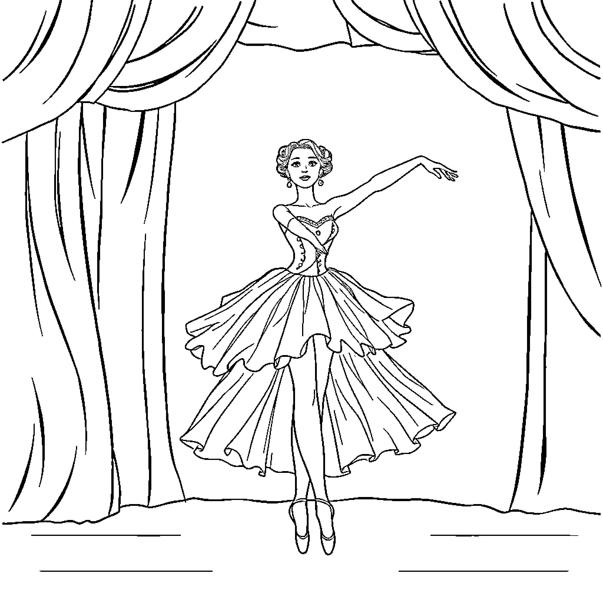 Dancer performing on stage in flowing dress Coloring Page (free black-and-white line drawing printable PDF for all, from beginners to advanced learners, including children, teens, adults, and seniors)