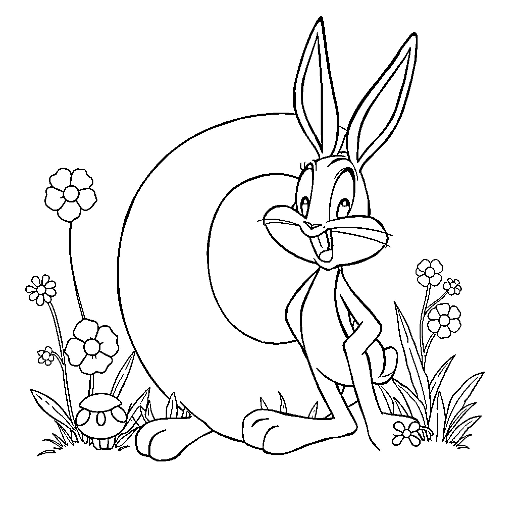 Kid Rabbit Enjoying Nature with Flowers Coloring Page (free black-and-white line drawing printable PDF for all, from beginners to advanced learners, including children, teens, adults, and seniors)