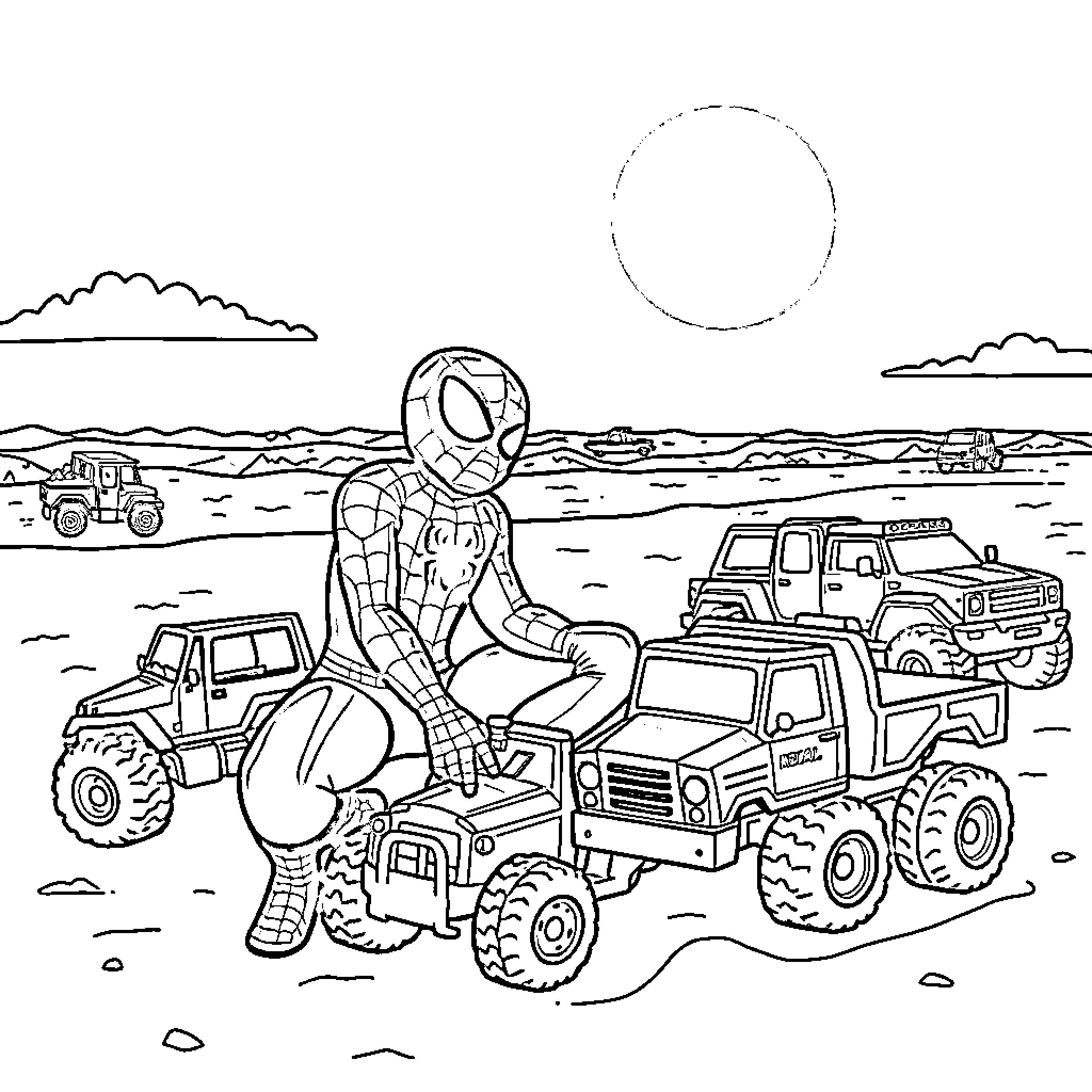 Spiderman riding monster trucks in the desert Coloring Page (free black-and-white line drawing printable PDF for all, from beginners to advanced learners, including children, teens, adults, and seniors)