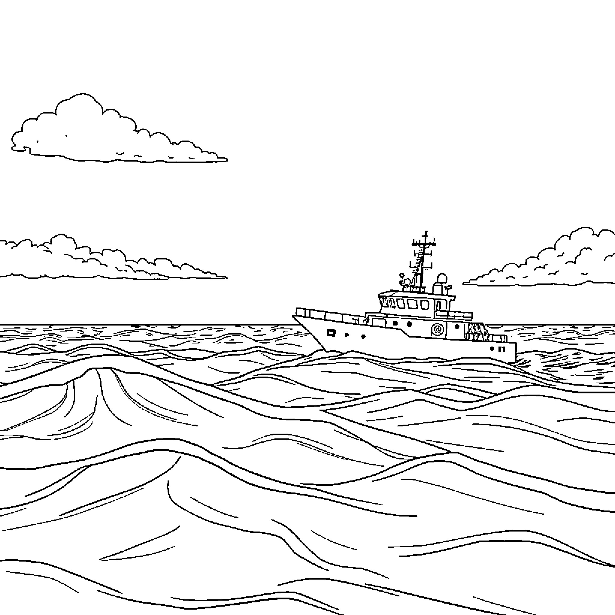 Vessel sailing on the open sea Coloring Page (free black-and-white line drawing printable PDF for all, from beginners to advanced learners, including children, teens, adults, and seniors)