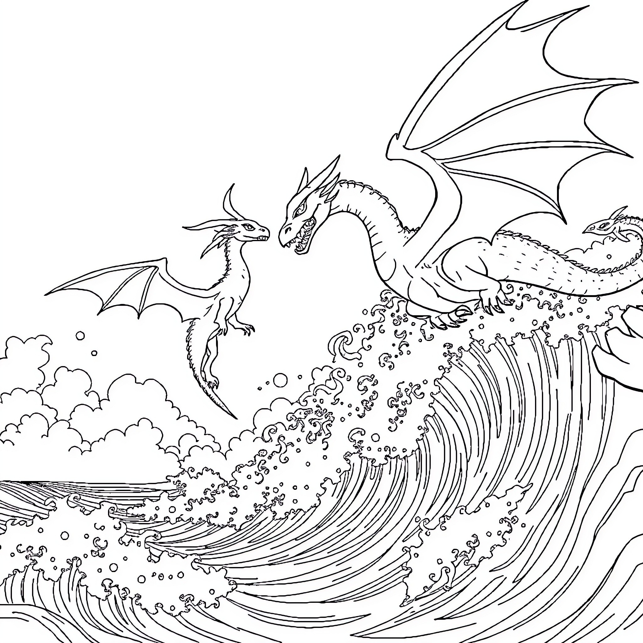 Dragon riding massive waves and breathing fire Coloring Page (free black-and-white line drawing printable PDF for all, from beginners to advanced learners, including children, teens, adults, and seniors)