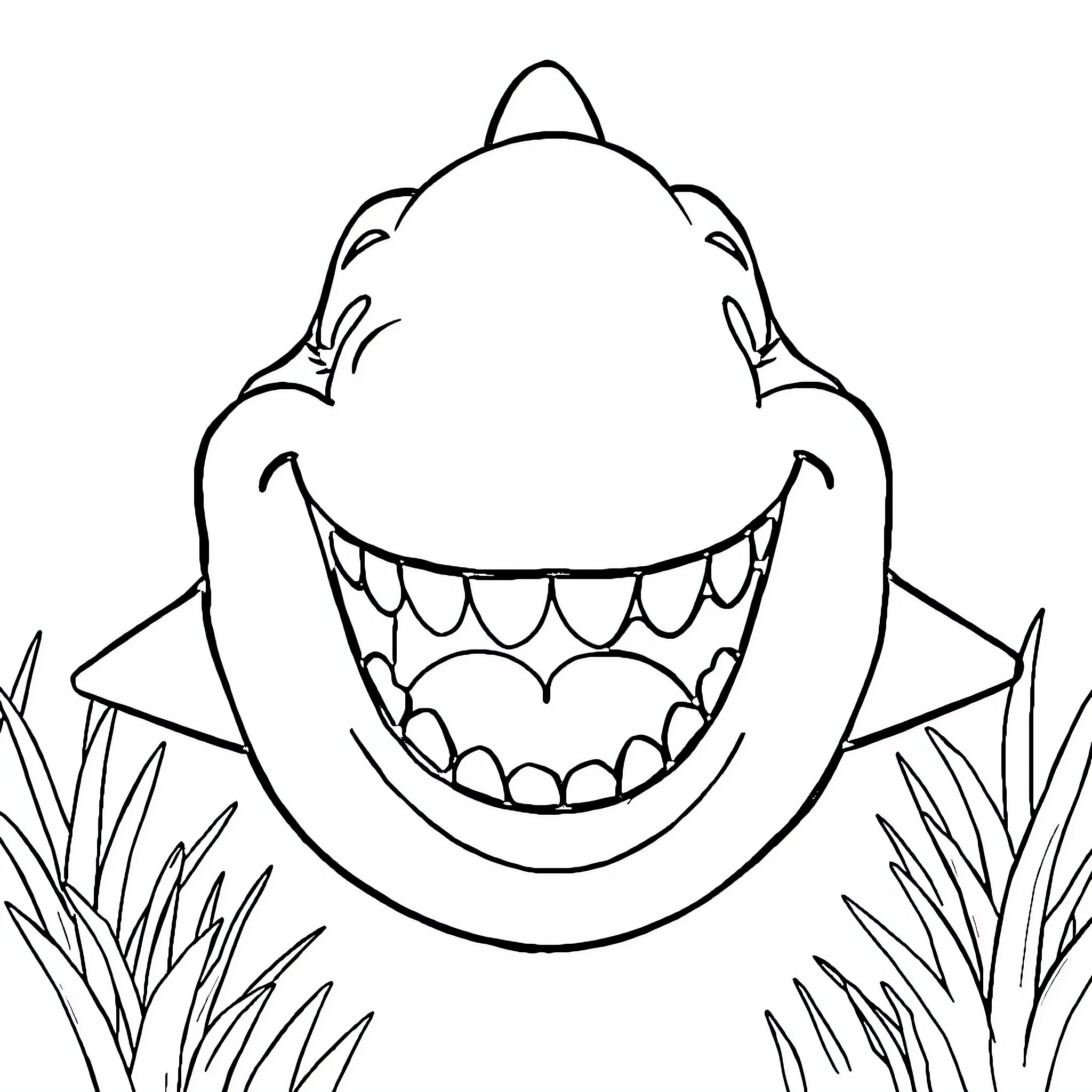 Tooth-themed Shark Smiling Joyfully in the Seagrass Coloring Page (free black-and-white line drawing printable PDF for all, from beginners to advanced learners, including children, teens, adults, and seniors)