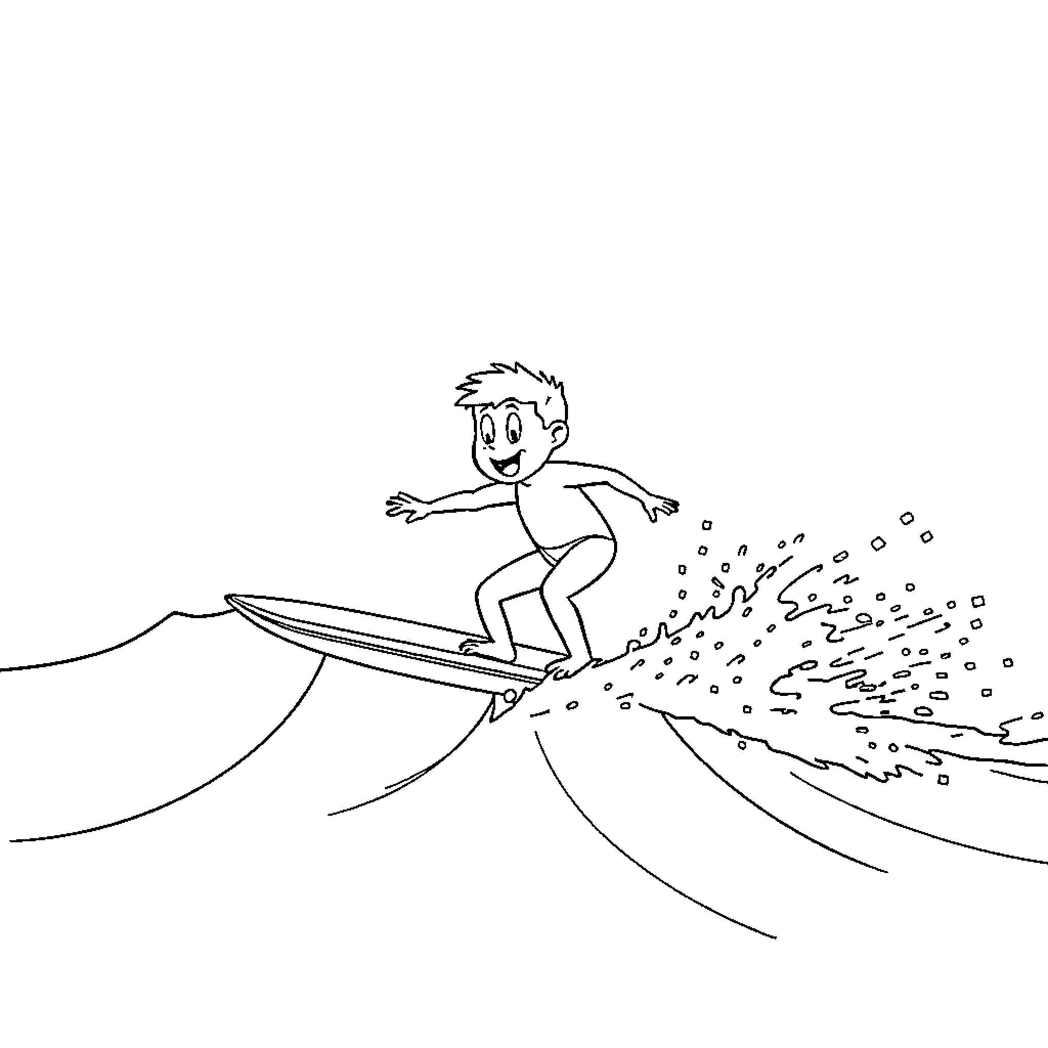 Bop Surfer riding wild waves Coloring Page (free black-and-white line drawing printable PDF for all, from beginners to advanced learners, including children, teens, adults, and seniors)
