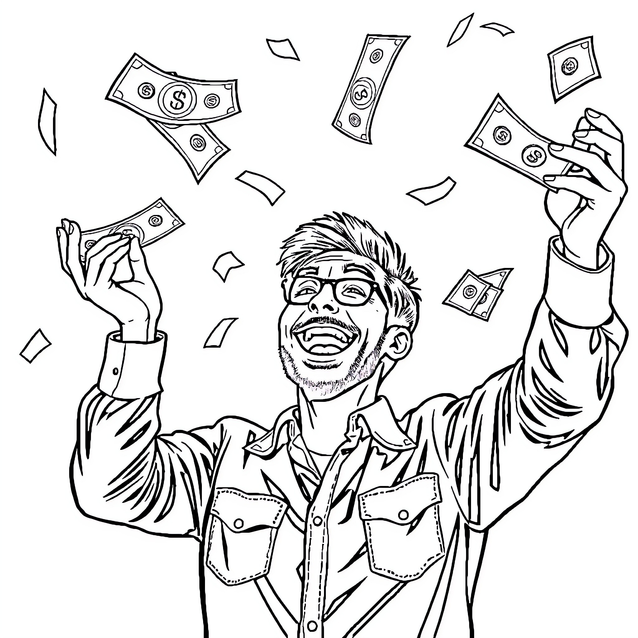 Man celebrates winning money or lottery Coloring Page (free black-and-white line drawing printable PDF for all, from beginners to advanced learners, including children, teens, adults, and seniors)