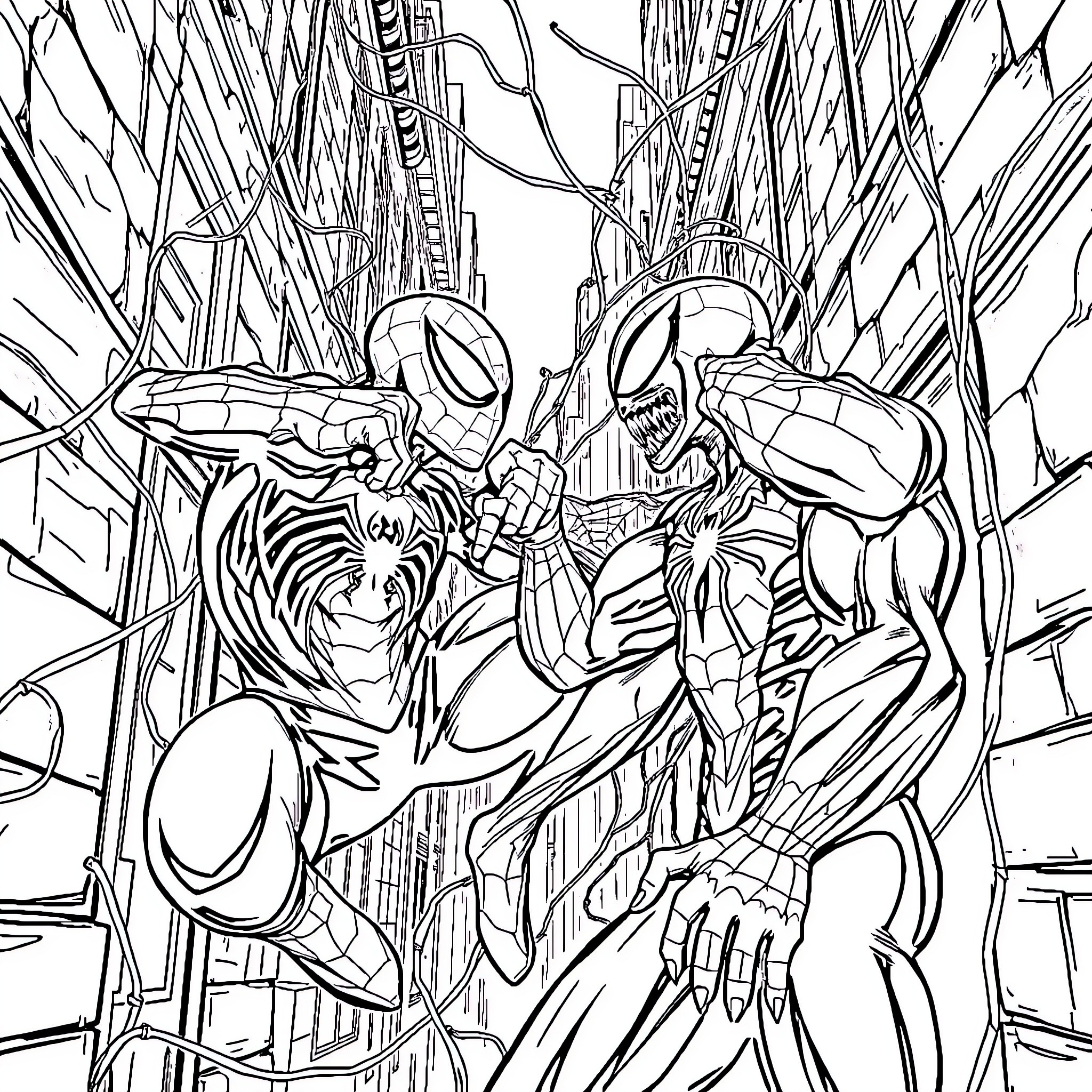 Spiderman in action-packed combat with adversary Coloring Page (free black-and-white line drawing printable PDF for all, from beginners to advanced learners, including children, teens, adults, and seniors)