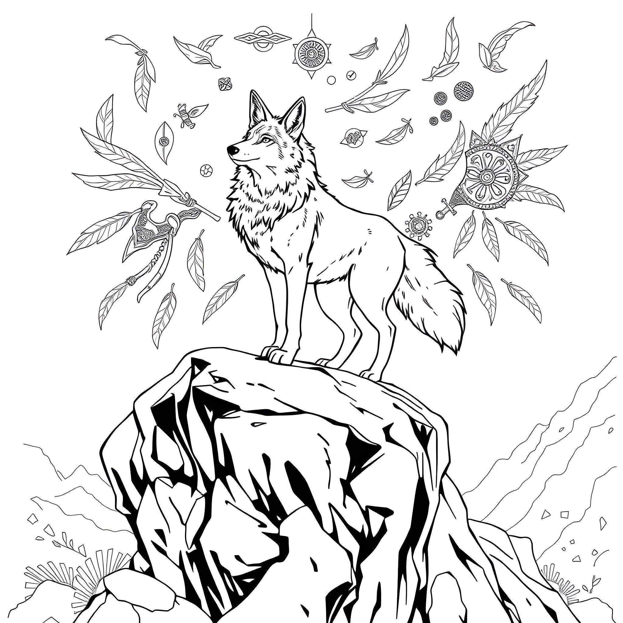 Coyote standing proudly on a rocky cliff Coloring Page (free black-and-white line drawing printable PDF for all, from beginners to advanced learners, including children, teens, adults, and seniors)