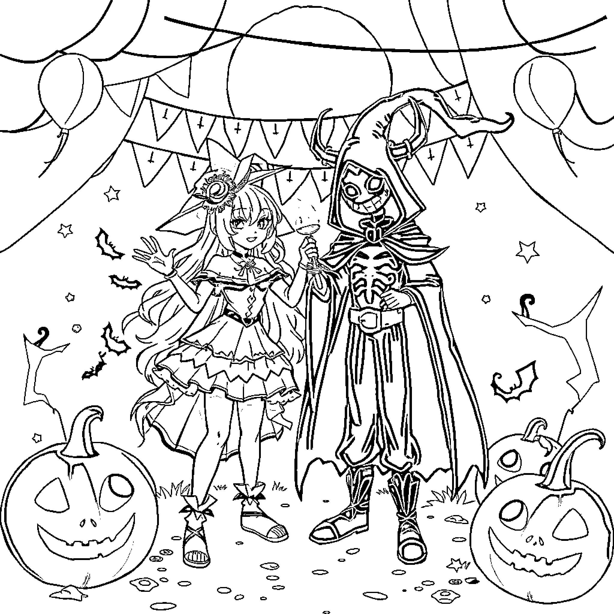 Aether Celebration of Halloween Costumes and Festivities Coloring Page (free black-and-white line drawing printable PDF for all, from beginners to advanced learners, including children, teens, adults, and seniors)