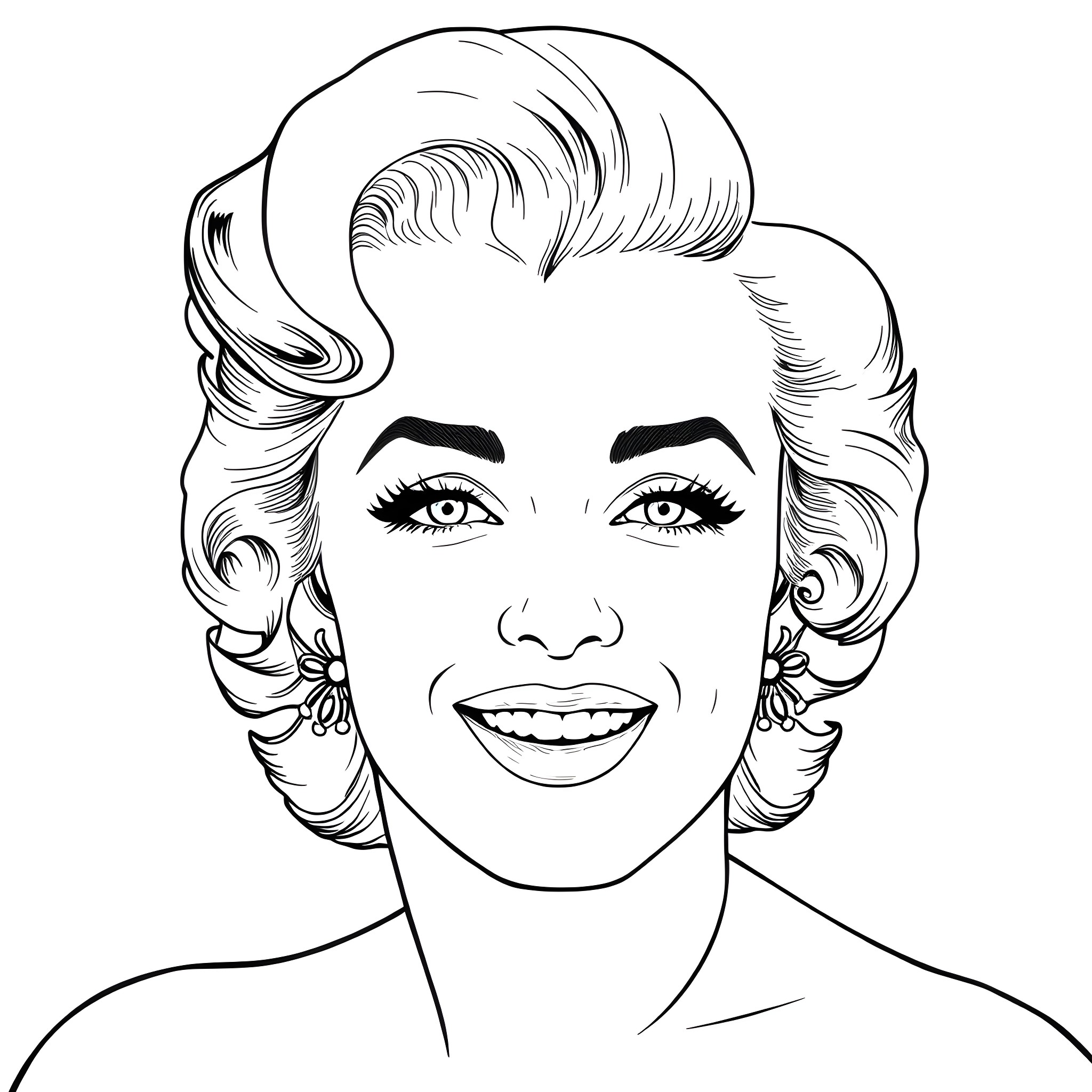 Marilyn Monroe's Iconic Smile and Styled Hair Coloring Page (free black-and-white line drawing printable PDF for all, from beginners to advanced learners, including children, teens, adults, and seniors)