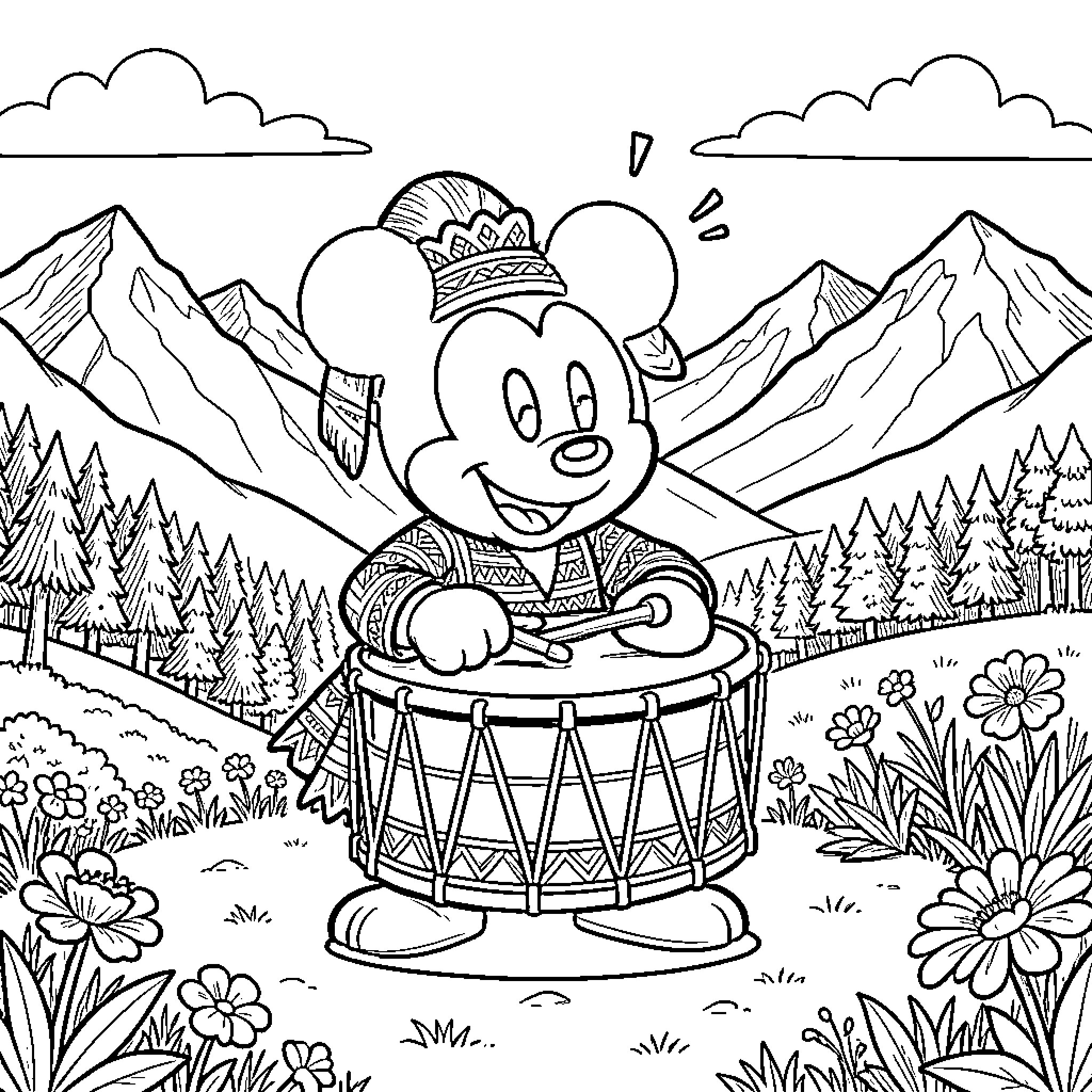 Miki Mouse playing drums in the mountain landscape Coloring Page (free black-and-white line drawing printable PDF for all, from beginners to advanced learners, including children, teens, adults, and seniors)