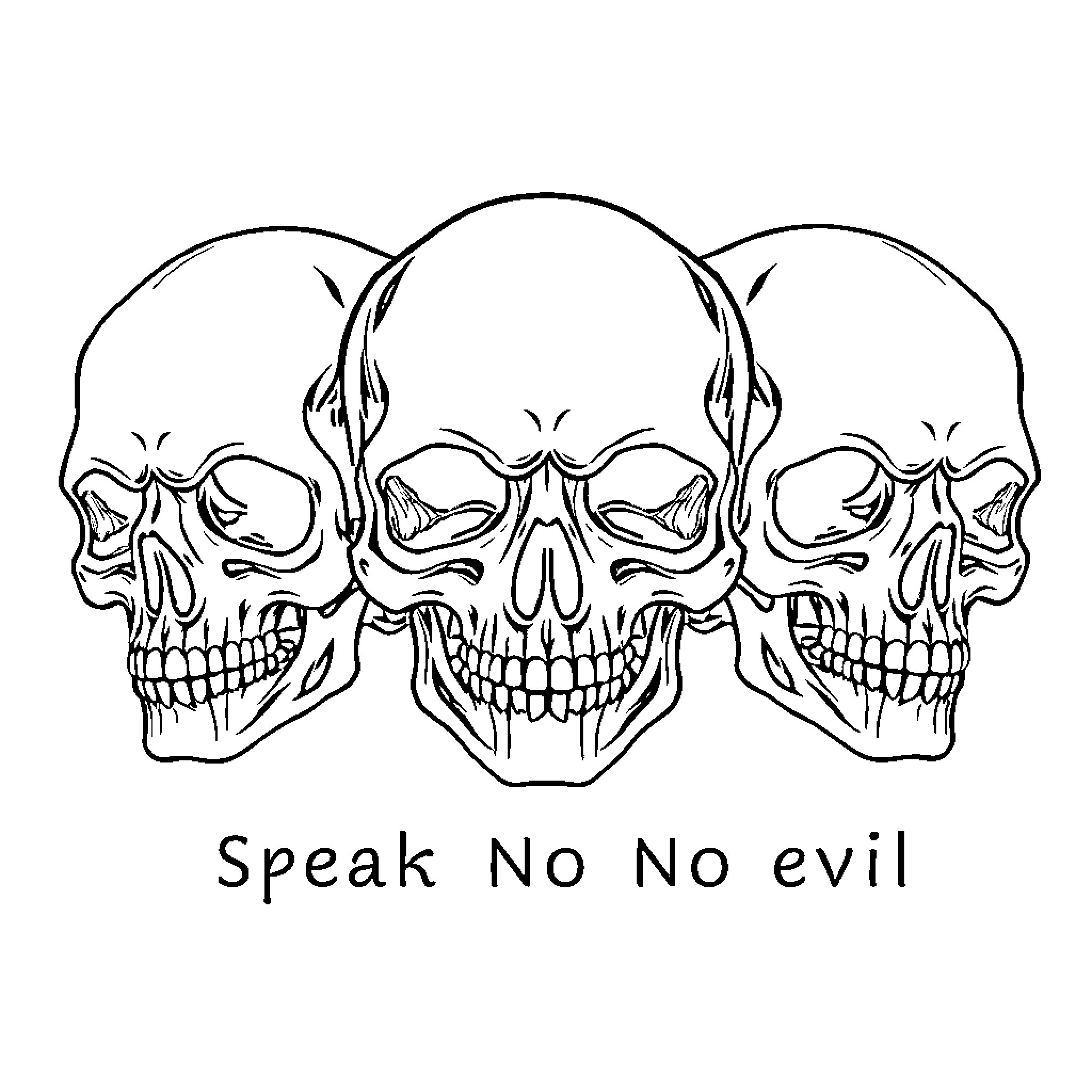 Skull Trio Speaking No Evil Coloring Page (free black-and-white line drawing printable PDF for all, from beginners to advanced learners, including children, teens, adults, and seniors)
