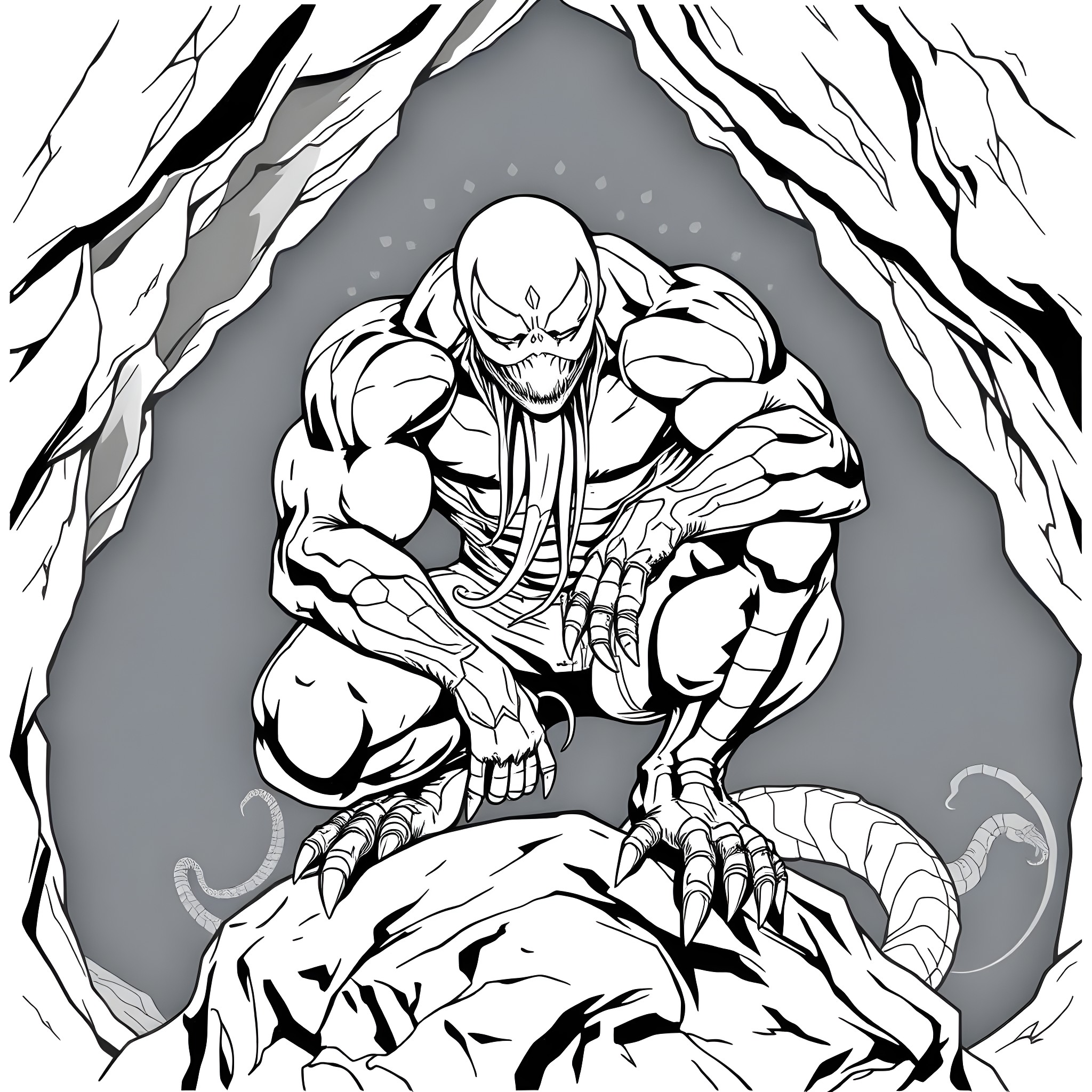 Venom Unleashing Chaos in a Dark Abyss Coloring Page (free black-and-white line drawing printable PDF for all, from beginners to advanced learners, including children, teens, adults, and seniors)