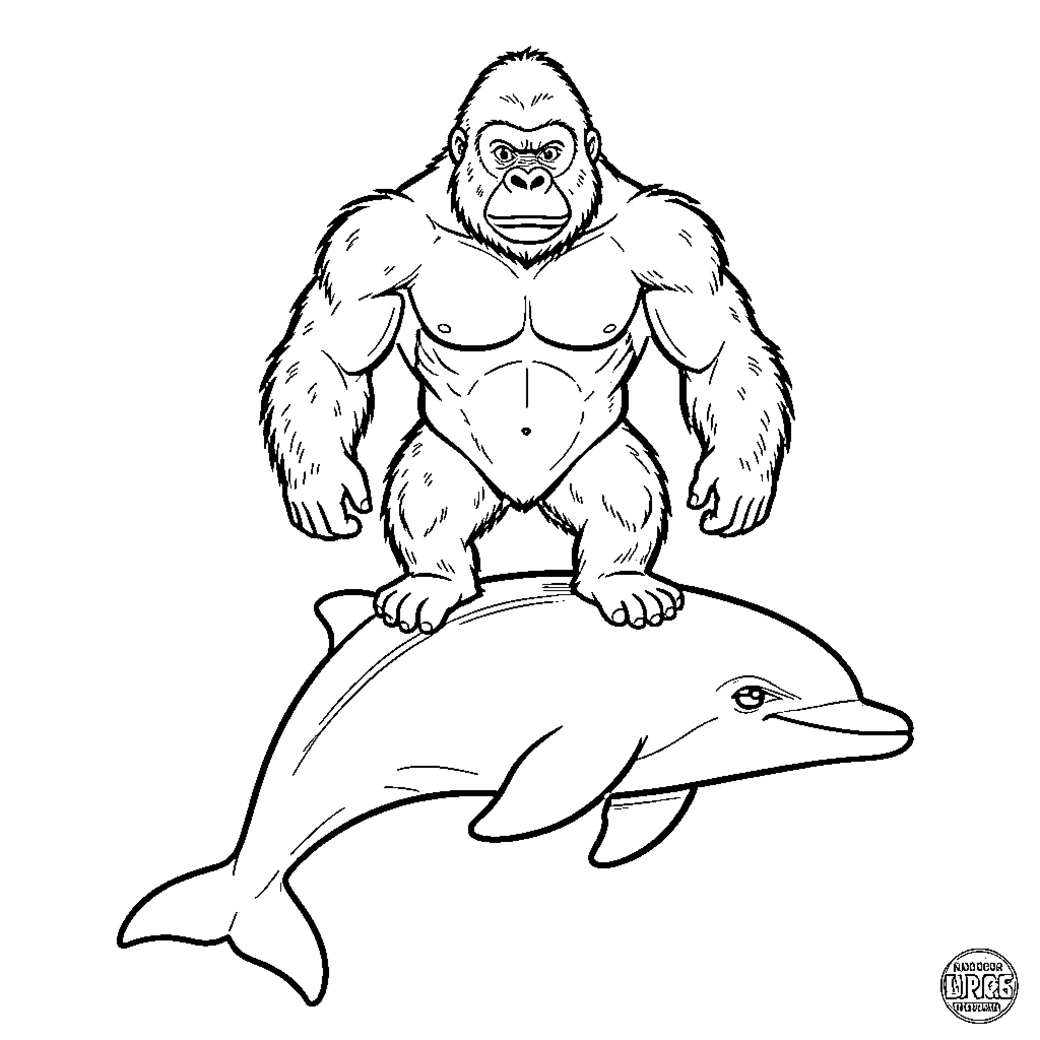Flipperkong gorilla standing confidently atop a dolphin Coloring Page (free black-and-white line drawing printable PDF for all, from beginners to advanced learners, including children, teens, adults, and seniors)