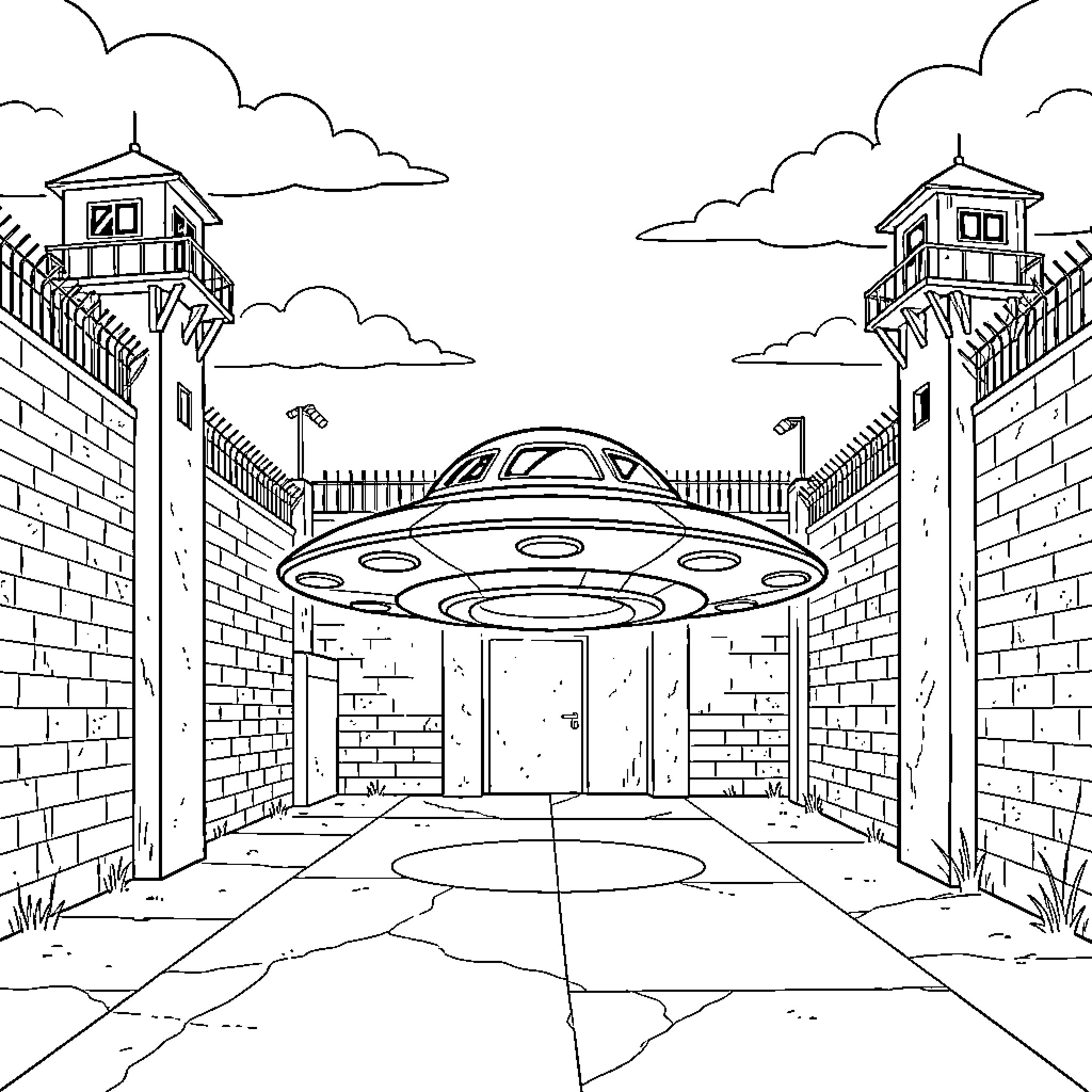UFO hovering inside a high security prison yard Coloring Page (free black-and-white line drawing printable PDF for all, from beginners to advanced learners, including children, teens, adults, and seniors)