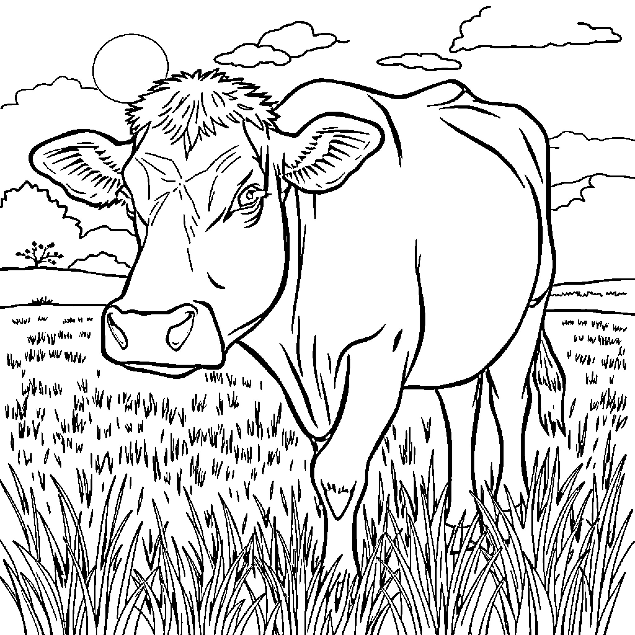 Cow standing in a grassy field Coloring Page (free black-and-white line drawing printable PDF for all, from beginners to advanced learners, including children, teens, adults, and seniors)