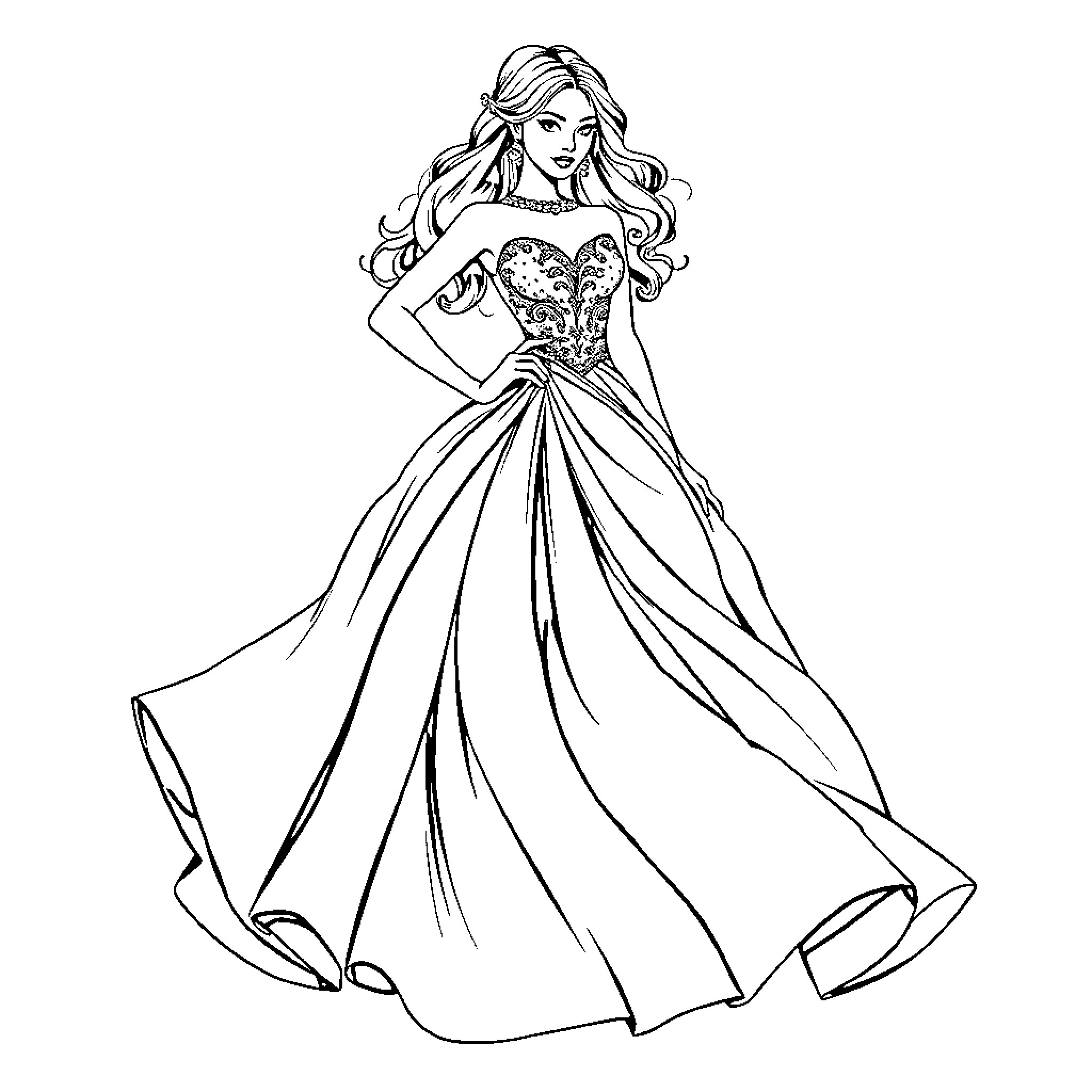 Lady in elegant evening gown with flowing dress Coloring Page (free black-and-white line drawing printable PDF for all, from beginners to advanced learners, including children, teens, adults, and seniors)