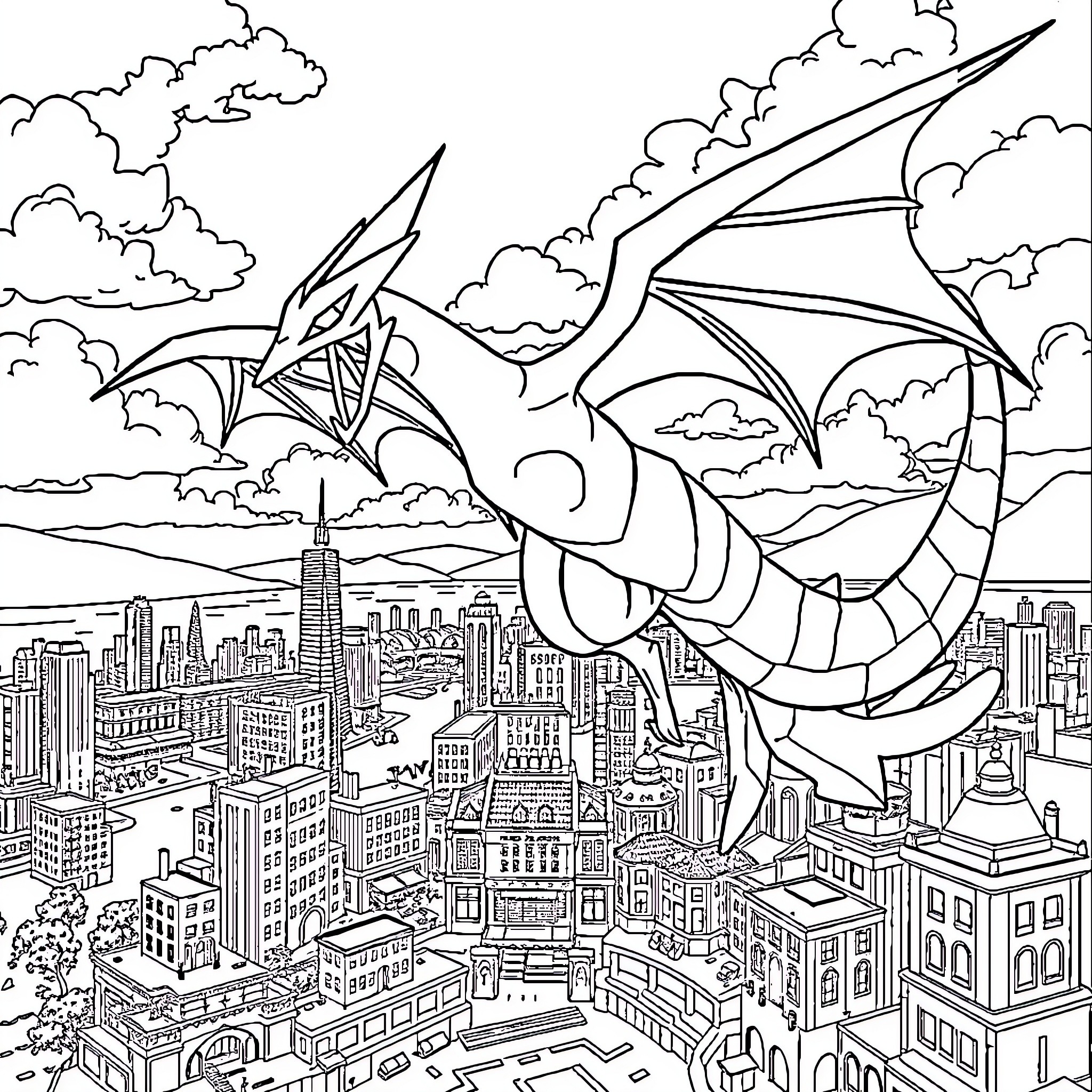 Rayquaza soaring over a bustling cityscape Coloring Page (free black-and-white line drawing printable PDF for all, from beginners to advanced learners, including children, teens, adults, and seniors)