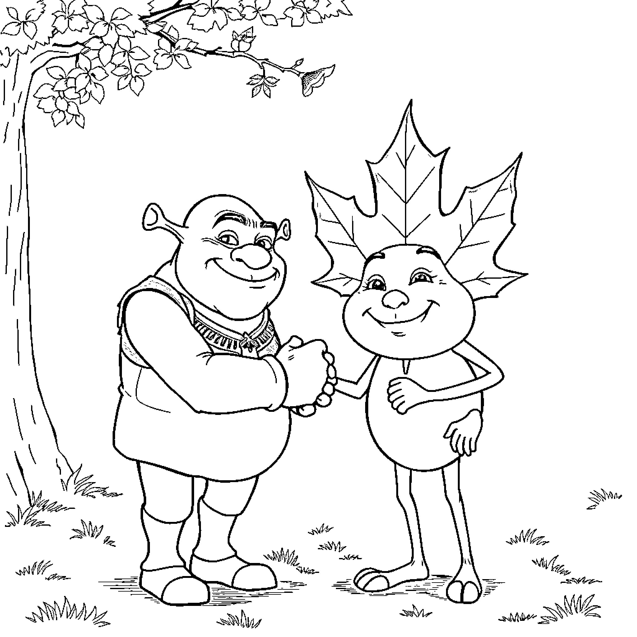 Shrek and Maple Leaf Buddy's Outdoor Adventure Coloring Page (free black-and-white line drawing printable PDF for all, from beginners to advanced learners, including children, teens, adults, and seniors)